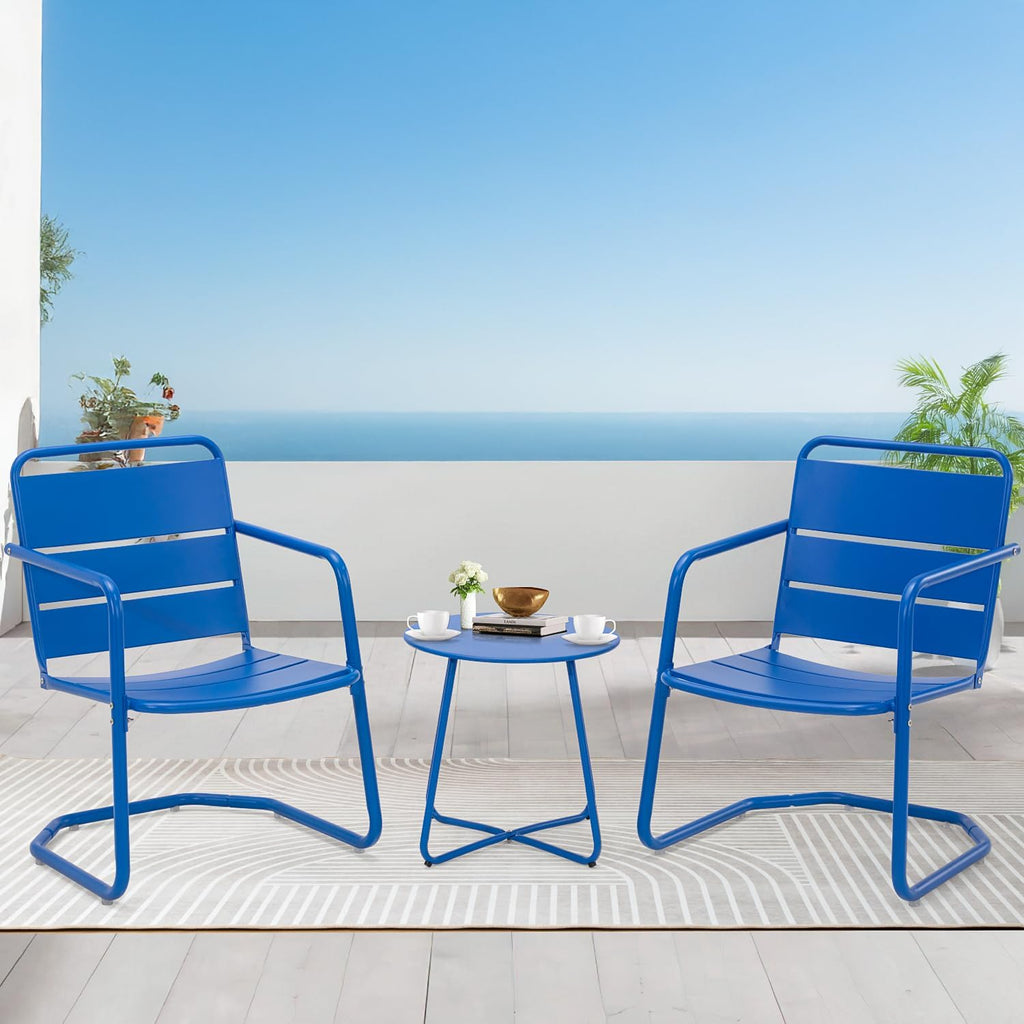 MELLCOM 3 Piece Patio Set, Small Patio Furniture Set - 2 C-Spring Metal Chairs with Round Side Table, Outdoor Bistro Set for Balcony, Front Porch, Poolside, Deck, Indoor, Blue