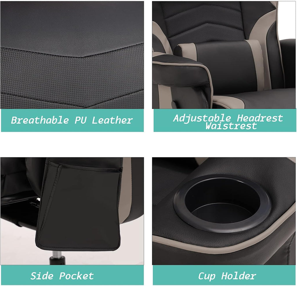 LVUYOYO Reclining Gaming Chair, Gaming Chair with Footrest and Massage, High Back PU Leather Gaming Recliner w/Adjustable Height, Swivel Game Chair with Lumbar Support, Cup Holder, Headrest