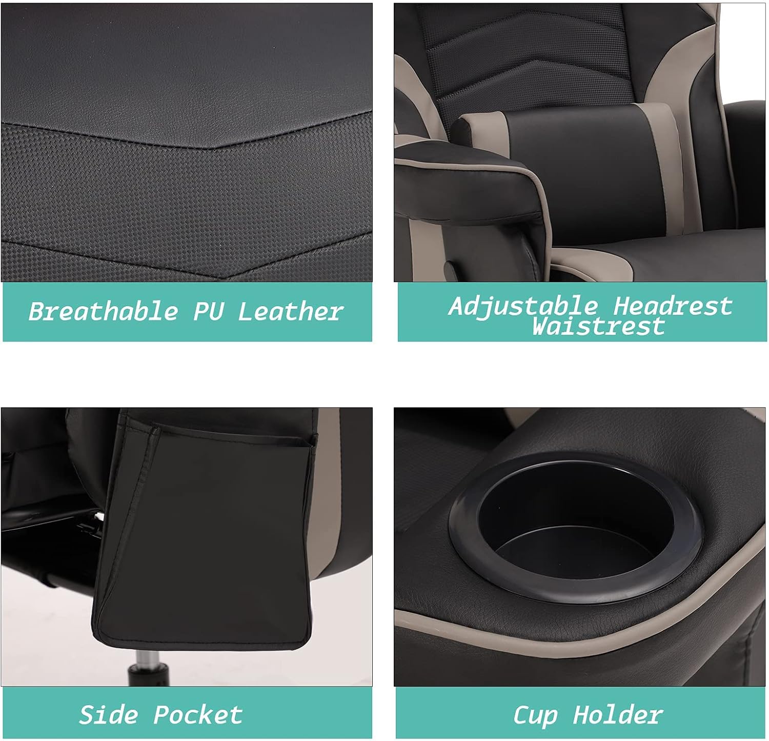 LVUYOYO Reclining Gaming Chair, Gaming Chair with Footrest and Massage, High Back PU Leather Gaming Recliner w/Adjustable Height, Swivel Game Chair with Lumbar Support, Cup Holder, Headrest