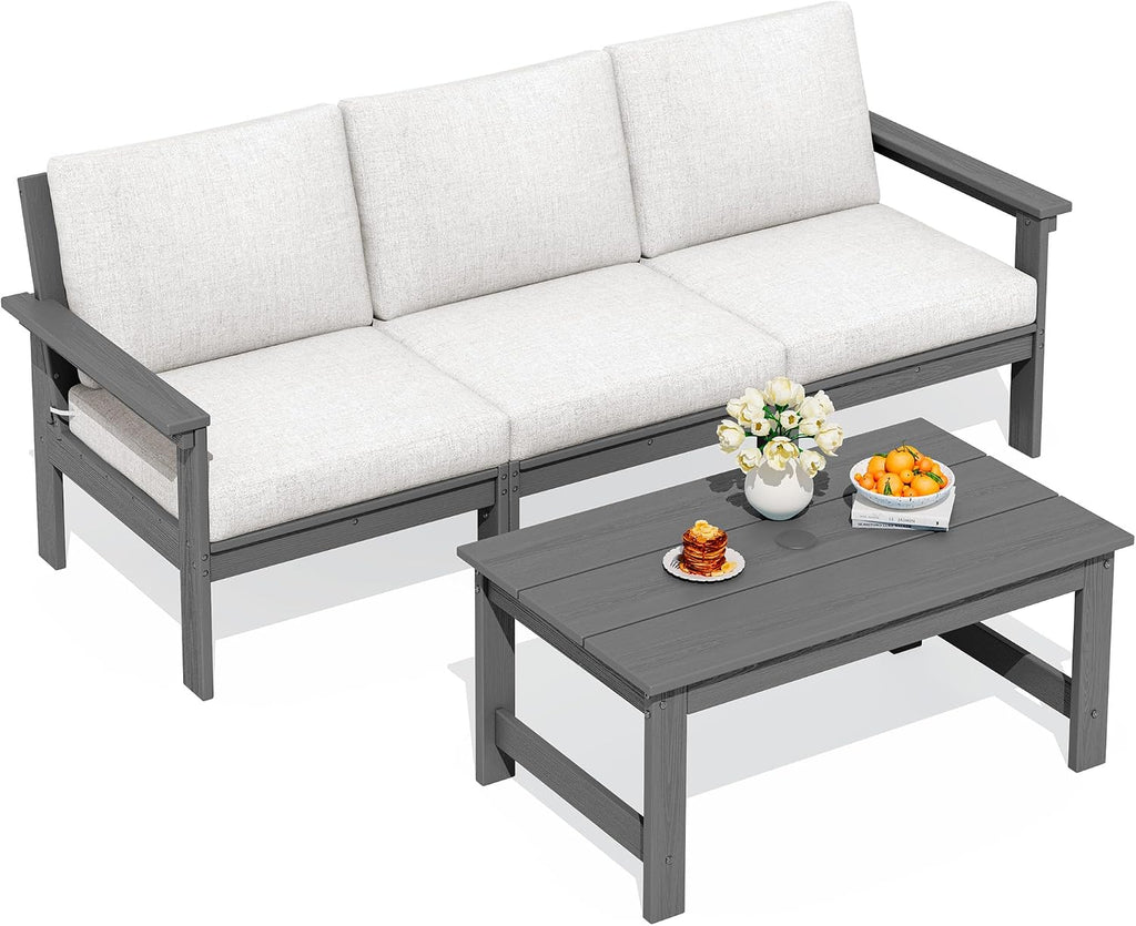 SERWALL HDPE Patio Sofa Set, 4-piece Sectional Outdoor Furniture Set, All Weather Outdoor Couch Set Patio Furniture Set for Deck, Lawn, Grey Frame with Khaki Cushion