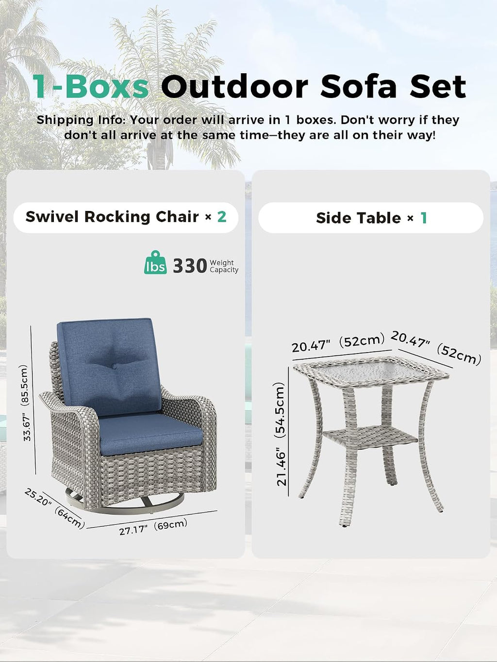 3 Piece Outdoor Patio Furniture Set,High Back Wicker Swivel Rocker Patio Chairs with 4' Thickened Cushions & Coffee Table, All-Weather PE Rattan for Garden, Backyard, Porch, Blue