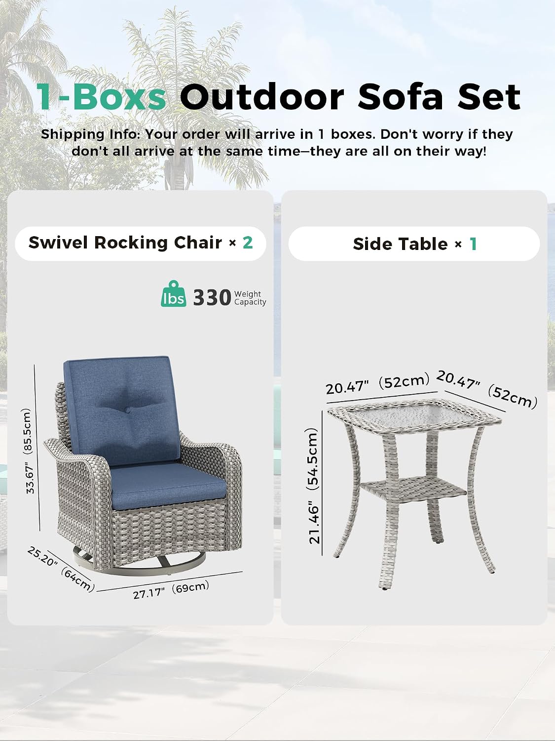 3 Piece Outdoor Patio Furniture Set,High Back Wicker Swivel Rocker Patio Chairs with 4' Thickened Cushions & Coffee Table, All-Weather PE Rattan for Garden, Backyard, Porch, Blue