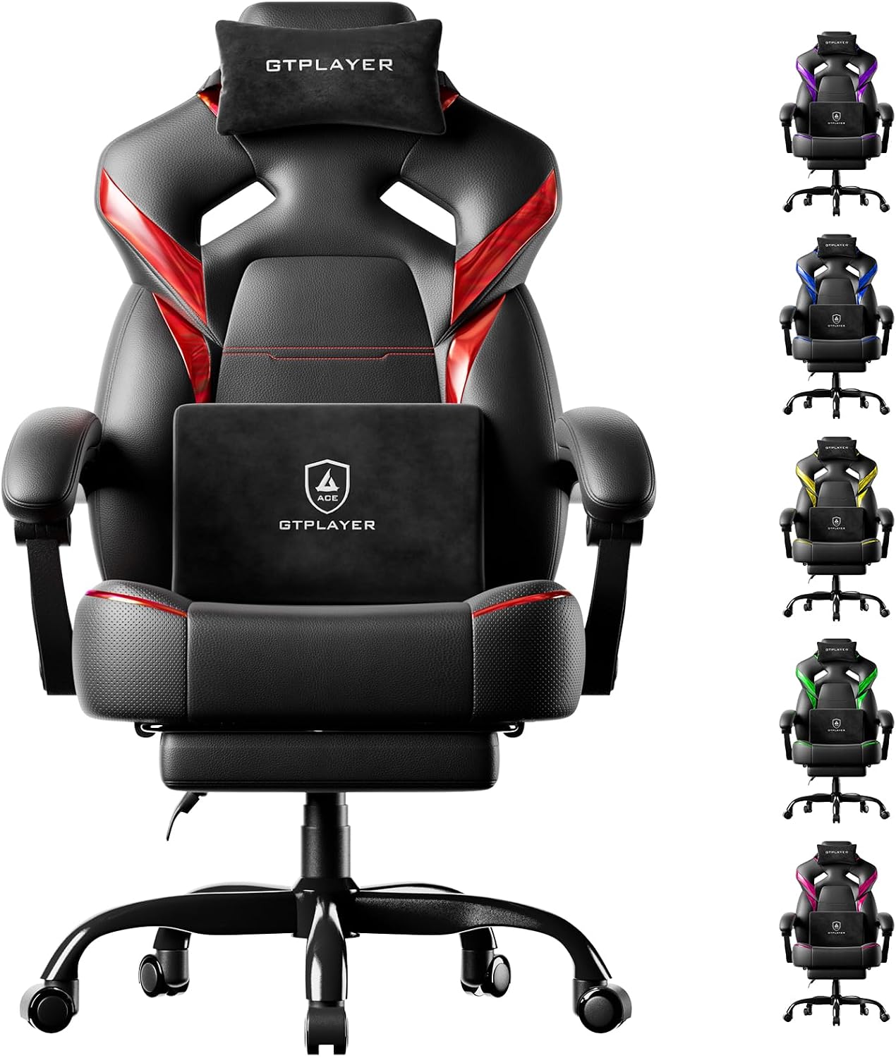 GTPLAYER Big and Tall Gaming Chair for Adults, Ergonomic Office Chair with Footrest, Heavy Duty 350 lbs Capacity, High Back, Premium Leather & Iridescent Trim, ACE-Armor, Black & Red