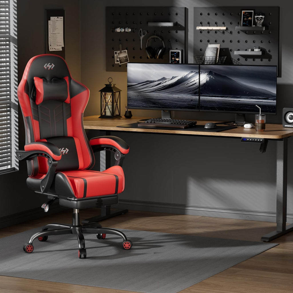 HLDIRECT Gaming Chair, Ergonomic Video Game Seat with 360° Swivel & Lumbar Massage for Adults Home/Office Use, Computer Chair PU Leather Cushion (Black & Red)