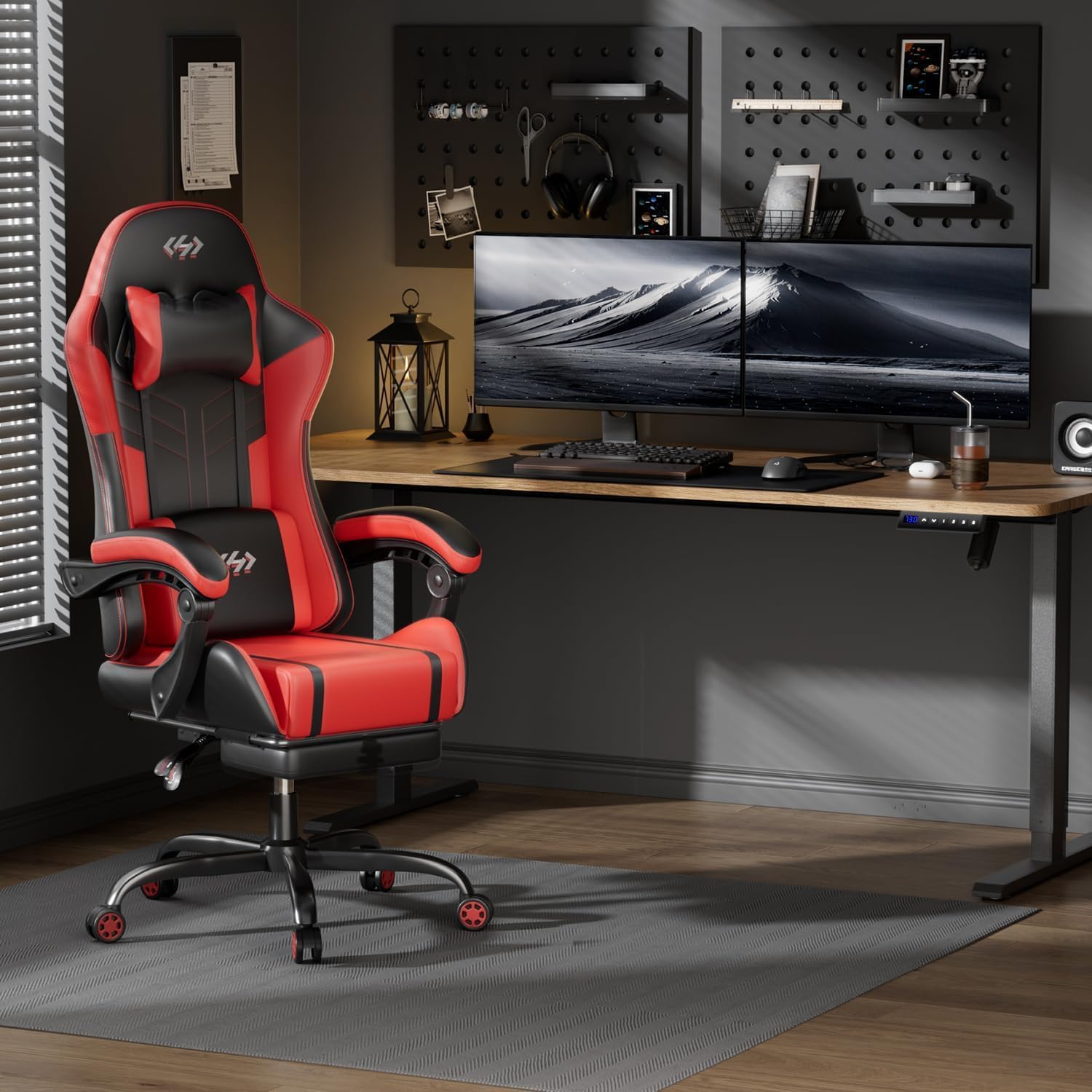 HLDIRECT Gaming Chair, Ergonomic Video Game Seat with 360° Swivel & Lumbar Massage for Adults Home/Office Use, Computer Chair PU Leather Cushion (Black & Red)