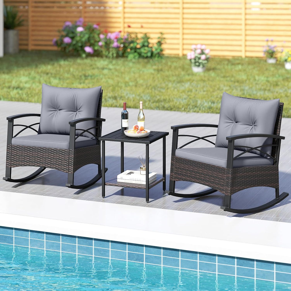 Tangkula 3 Pieces Outdoor Rocking Chairs Set, Rattan Heavy Duty Cushioned Rocker Chairs with 2-Tier Tempered Glass Coffee Table, for Garden, Balcony, Backyard (Gray)