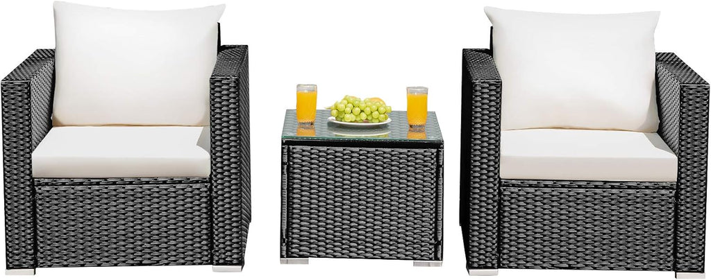 Tangkula 3 Pieces Patio Furniture Set, PE Rattan Wicker Sofa Set w/Washable Cushion and Tempered Glass Tabletop, Outdoor Conversation Furniture for Garden Poolside