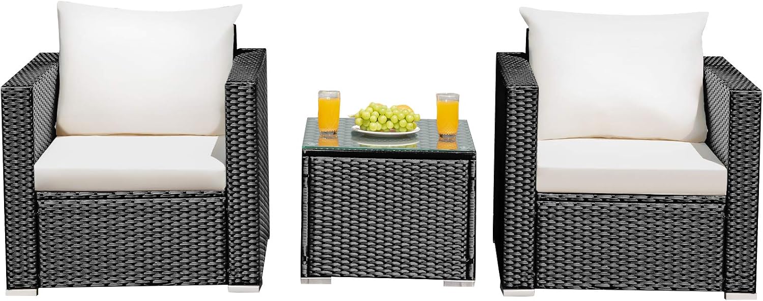 Tangkula 3 Pieces Patio Furniture Set, PE Rattan Wicker Sofa Set w/Washable Cushion and Tempered Glass Tabletop, Outdoor Conversation Furniture for Garden Poolside