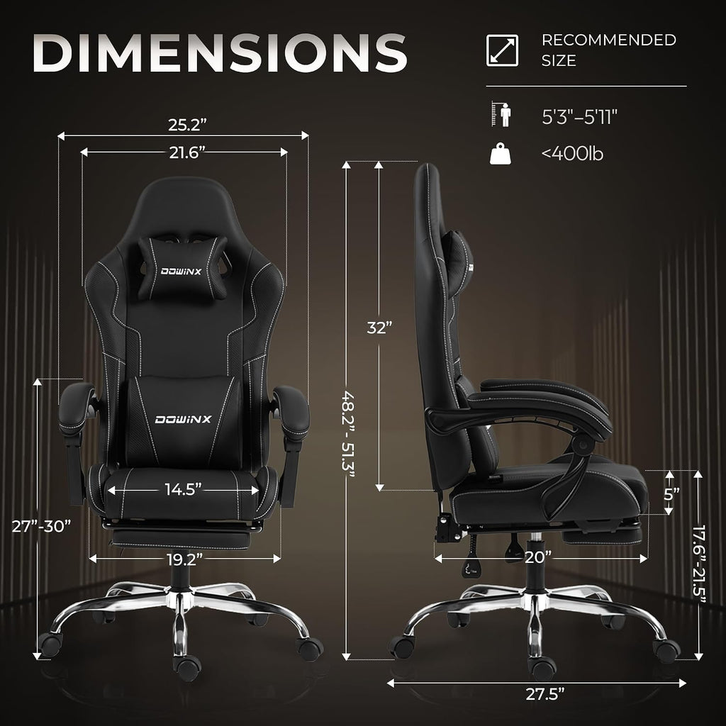 Ergonomic Gaming Chair with Footrest, Heavy Duty 330lbs Office Chair, Massage Lumbar Support, Adjustable Height & Headrest Pillow, Comfortable for Back Pain Relief, Streaming, Long Gaming, Black