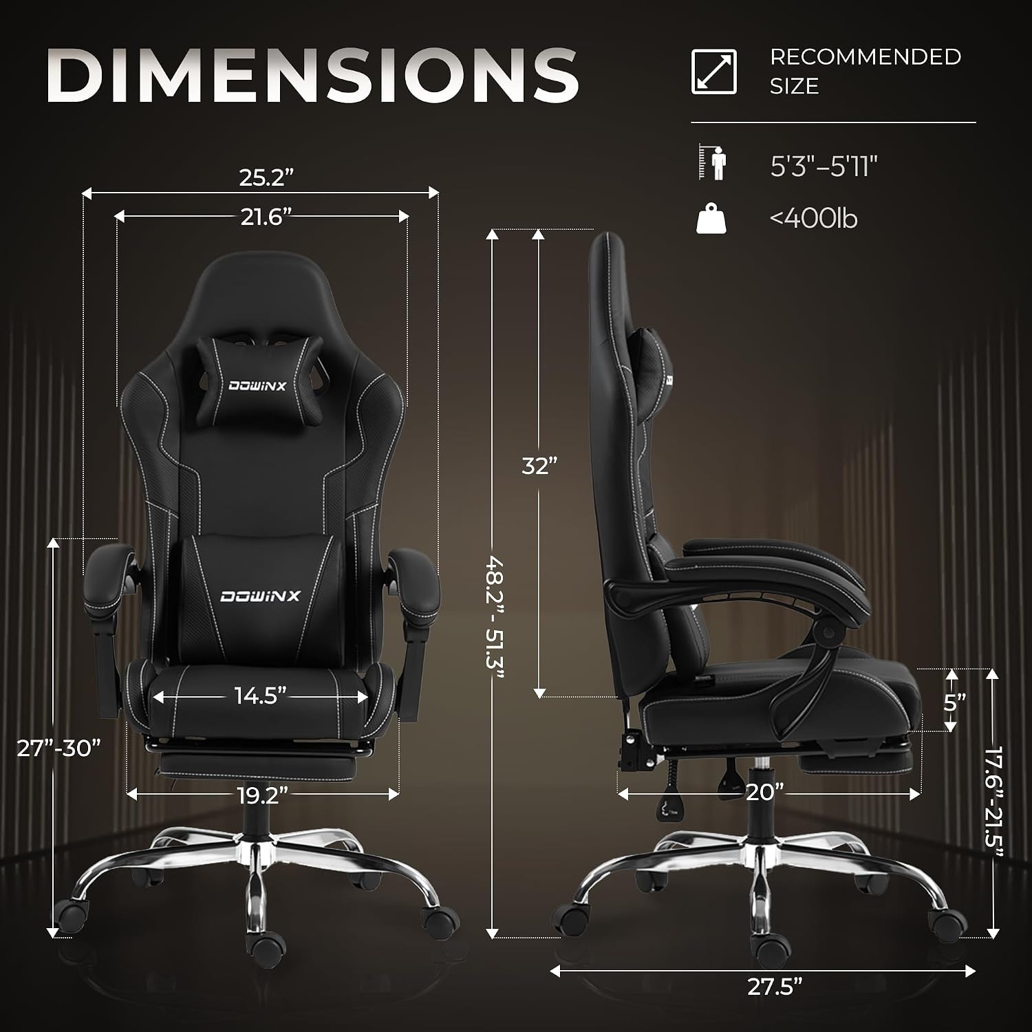 Ergonomic Gaming Chair with Footrest, Heavy Duty 330lbs Office Chair, Massage Lumbar Support, Adjustable Height & Headrest Pillow, Comfortable for Back Pain Relief, Streaming, Long Gaming, Black