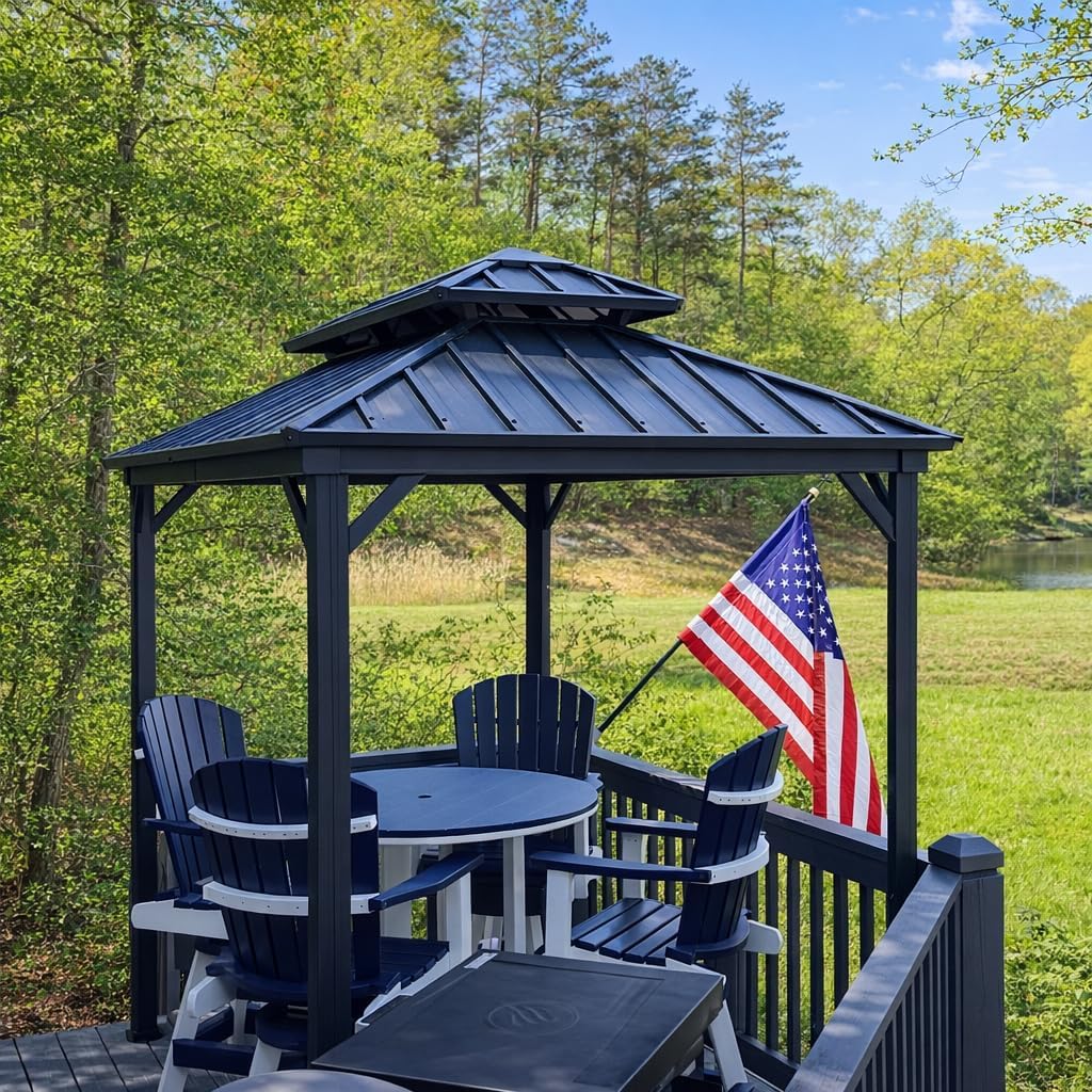 PURPLE LEAF 6' X 9' Hardtop Grill Gazebo Permanent Aluminum Frame Double Metal Roof with Ceiling Hook and Shelves Sun Shade BBQ Canopy for Patio Barbecue Outdoor Kitchen Grey