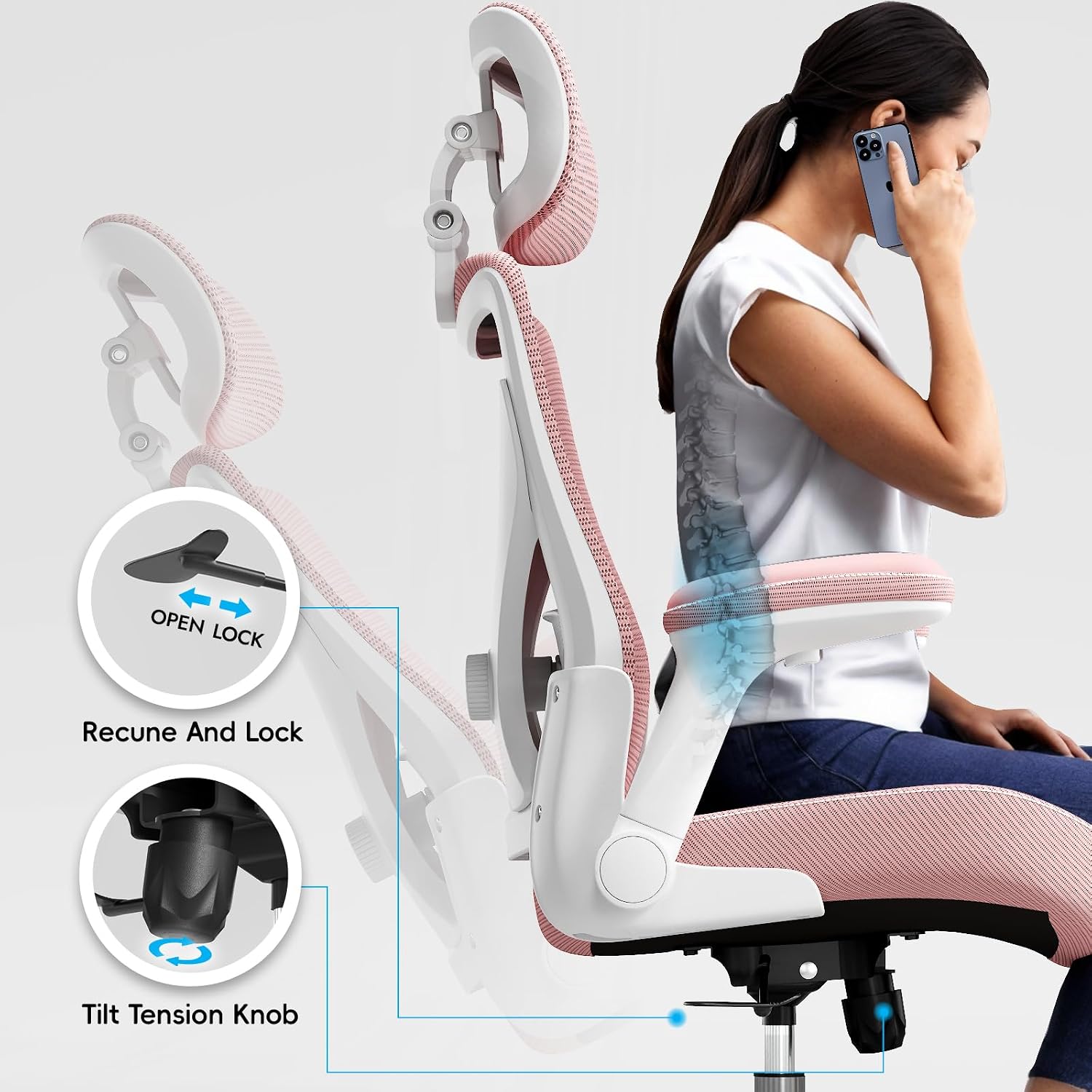 Ergalithic Office Home Ergonomic Desk Chair-Computer X-Shaped Chair Mesh PU Leather with Adjustable Lumbar Support-Executive Chair High Back with Headrest Flip-Up Arms for Long Hours (Dark Pink)