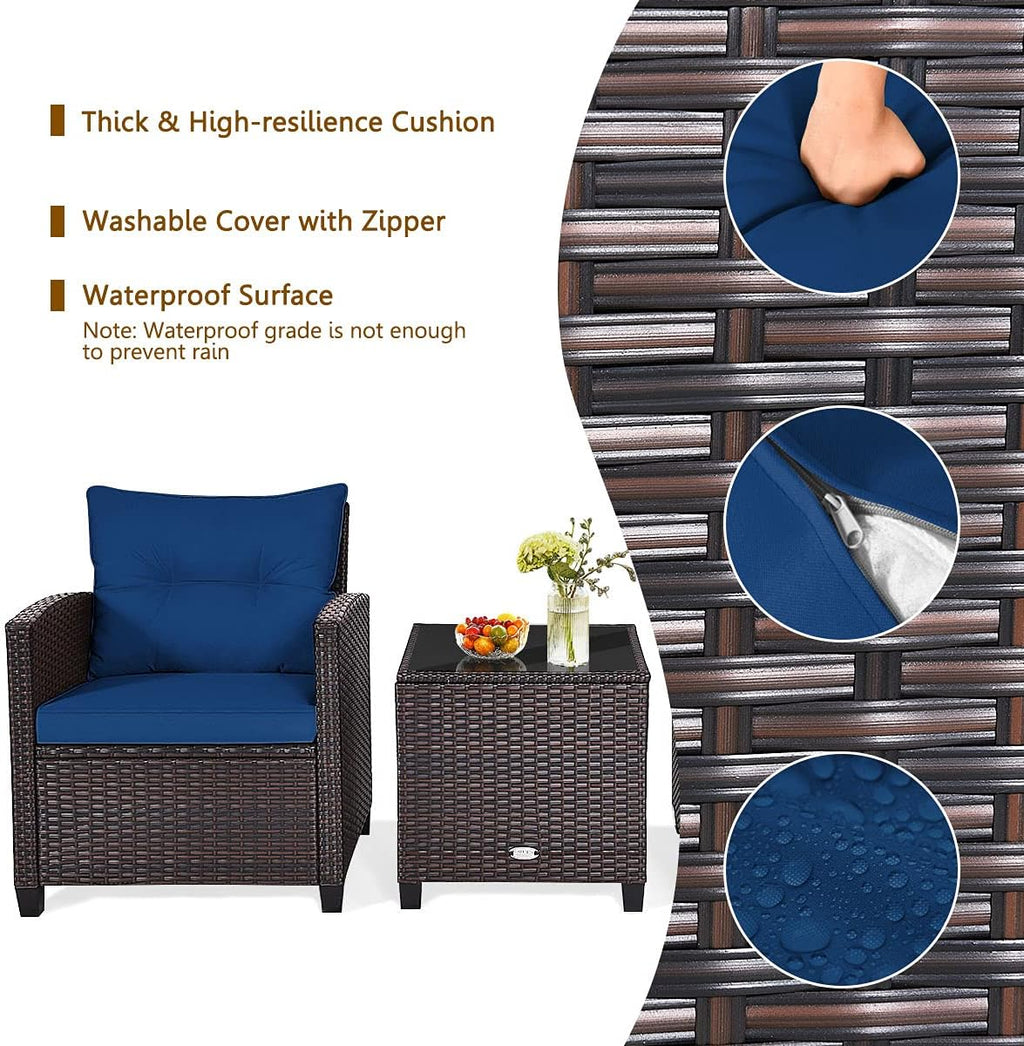 KOTEK 3 Piece Patio Furniture Set, Outdoor Conversation Set with Washable Cushions & Tempered Glass Tabletop, PE Rattan Wicker Bistro Set for Porch, Garden, Balcony (Navy Blue)