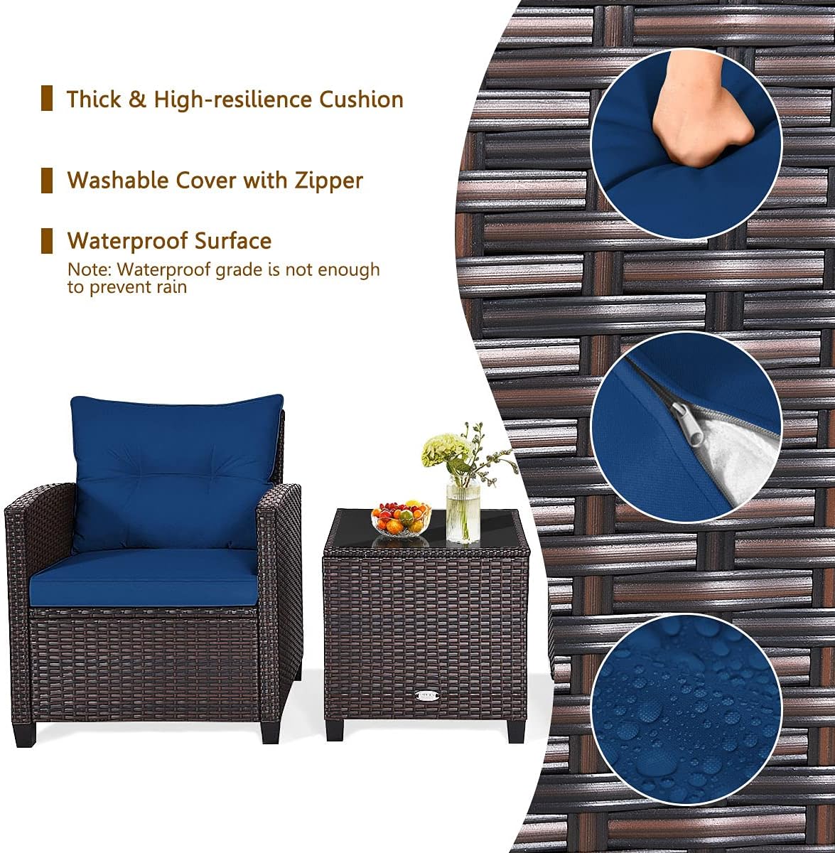 KOTEK 3 Piece Patio Furniture Set, Outdoor Conversation Set with Washable Cushions & Tempered Glass Tabletop, PE Rattan Wicker Bistro Set for Porch, Garden, Balcony (Navy Blue)
