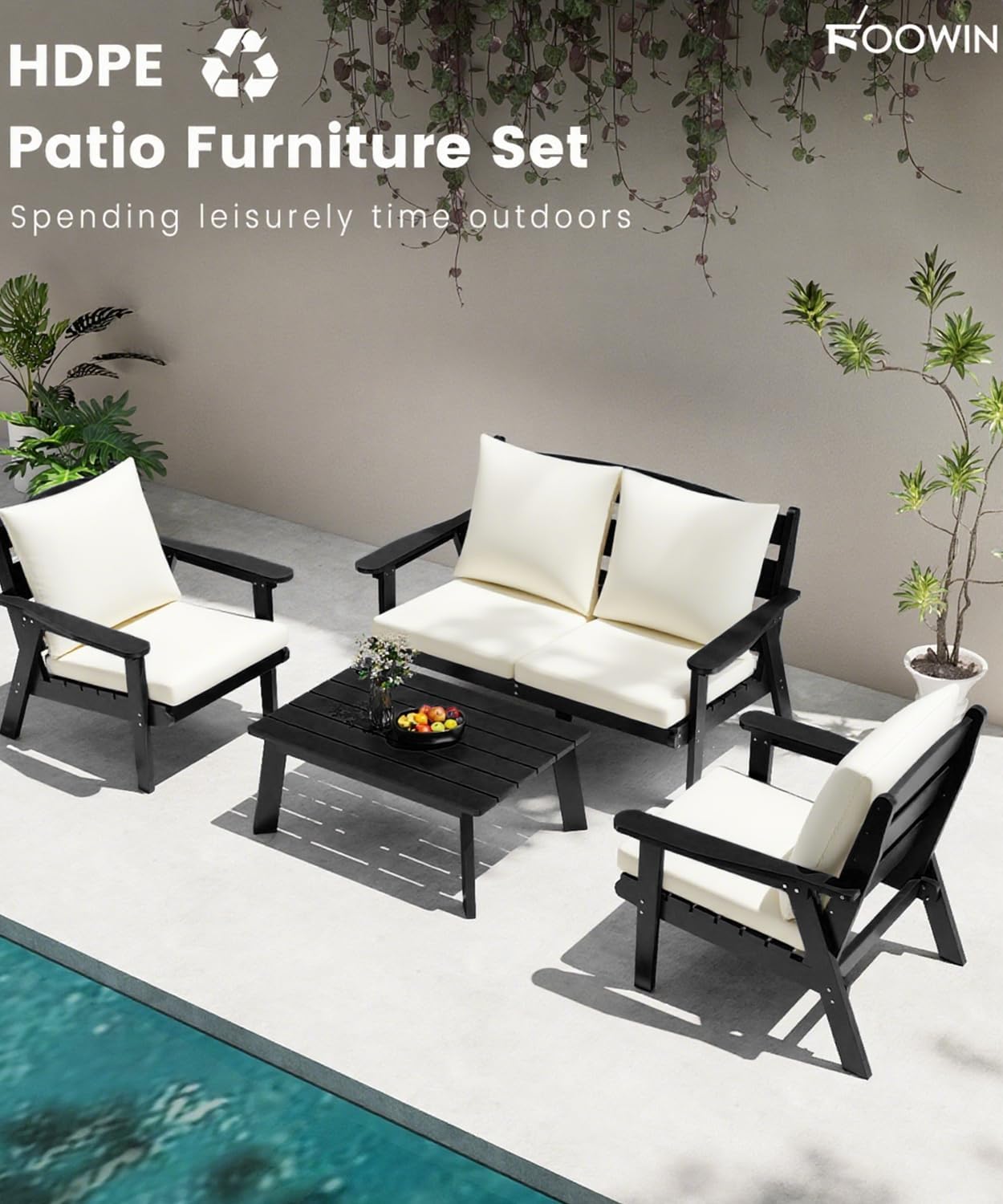 FOOWIN 4-Piece Patio Furniture Set, HDPE All-Weather Outdoor Conversation Set with Thick Cushions, Sectional Patio Sofa Furniture for Deck, Porch, Lawn, Garden, Black Frame & White Cushion