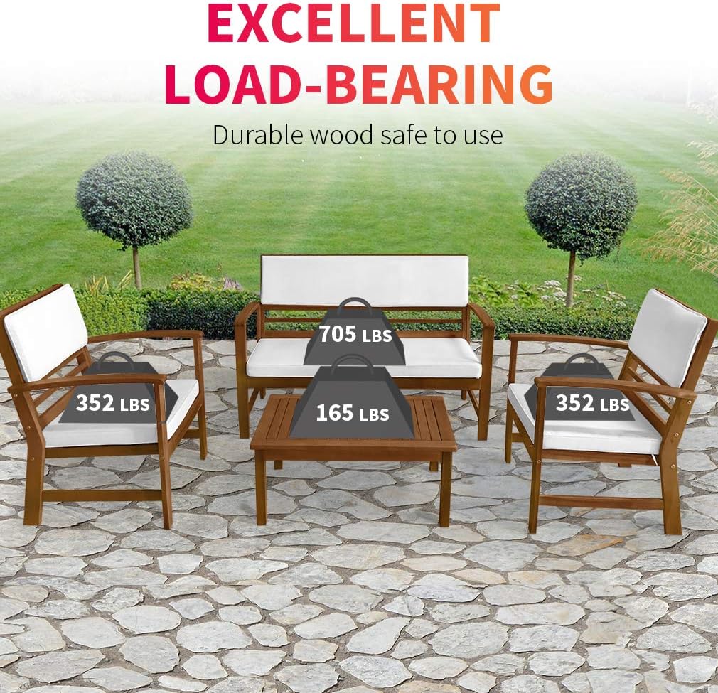 FDW 4-Piece Patio Conversation Set Acacia Wood Outdoor Sofa & Chairs with Coffee Table, Water-Resistant Cushions for Backyard, Garden, Balcony, Porch, Deck, Poolside, Beach Chat Set