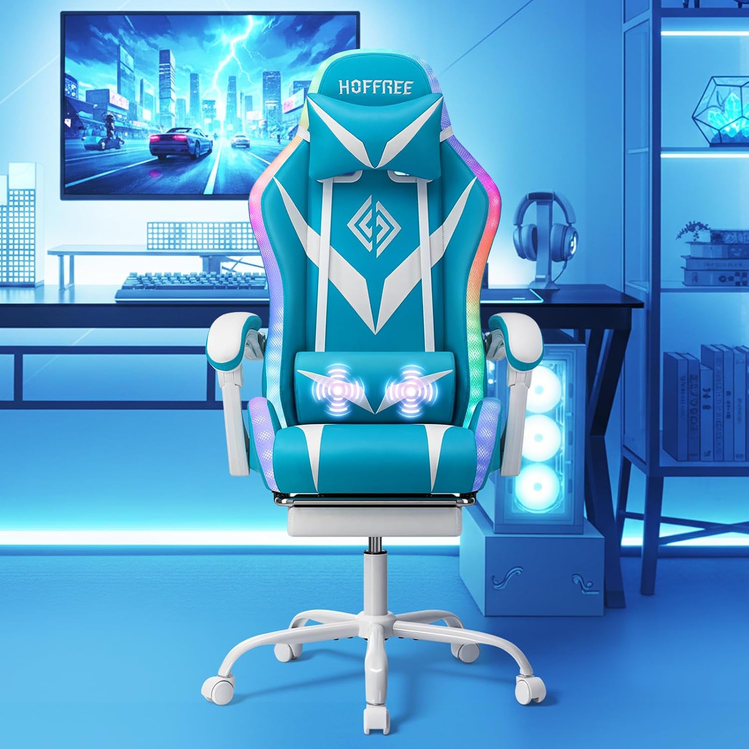 HOFFREE Gaming Chair with LED RGB Lights Massage Ergonomic Video Game Chairs with Footrest High Back Reclining Computer Chair with Adjustable Lumbar Support Blue and White