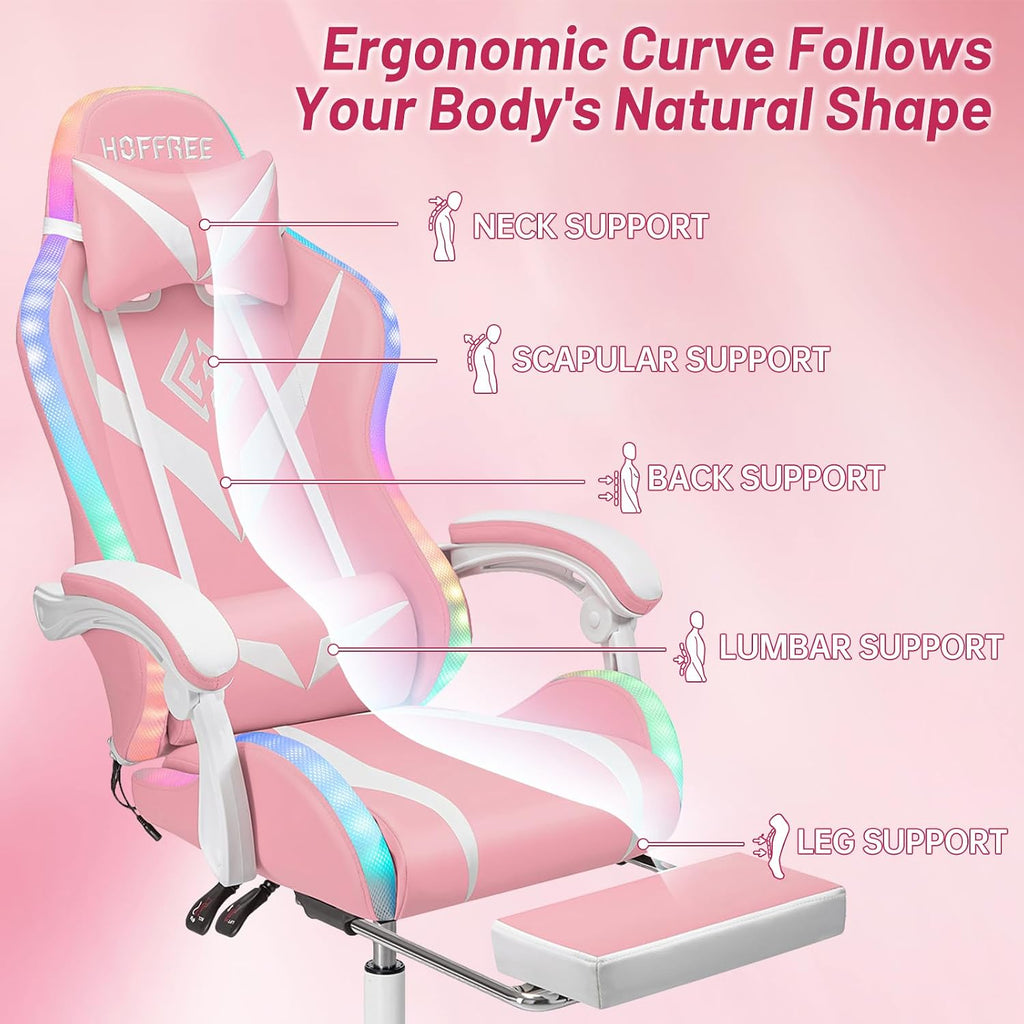HOFFREE Pink Gaming Chair Massage with Bluetooth Speakers and Led Lights Ergonomic Computer Gaming Chair with Footrest RGB Video Game Chair with High Back Lumbar Support Pink and White