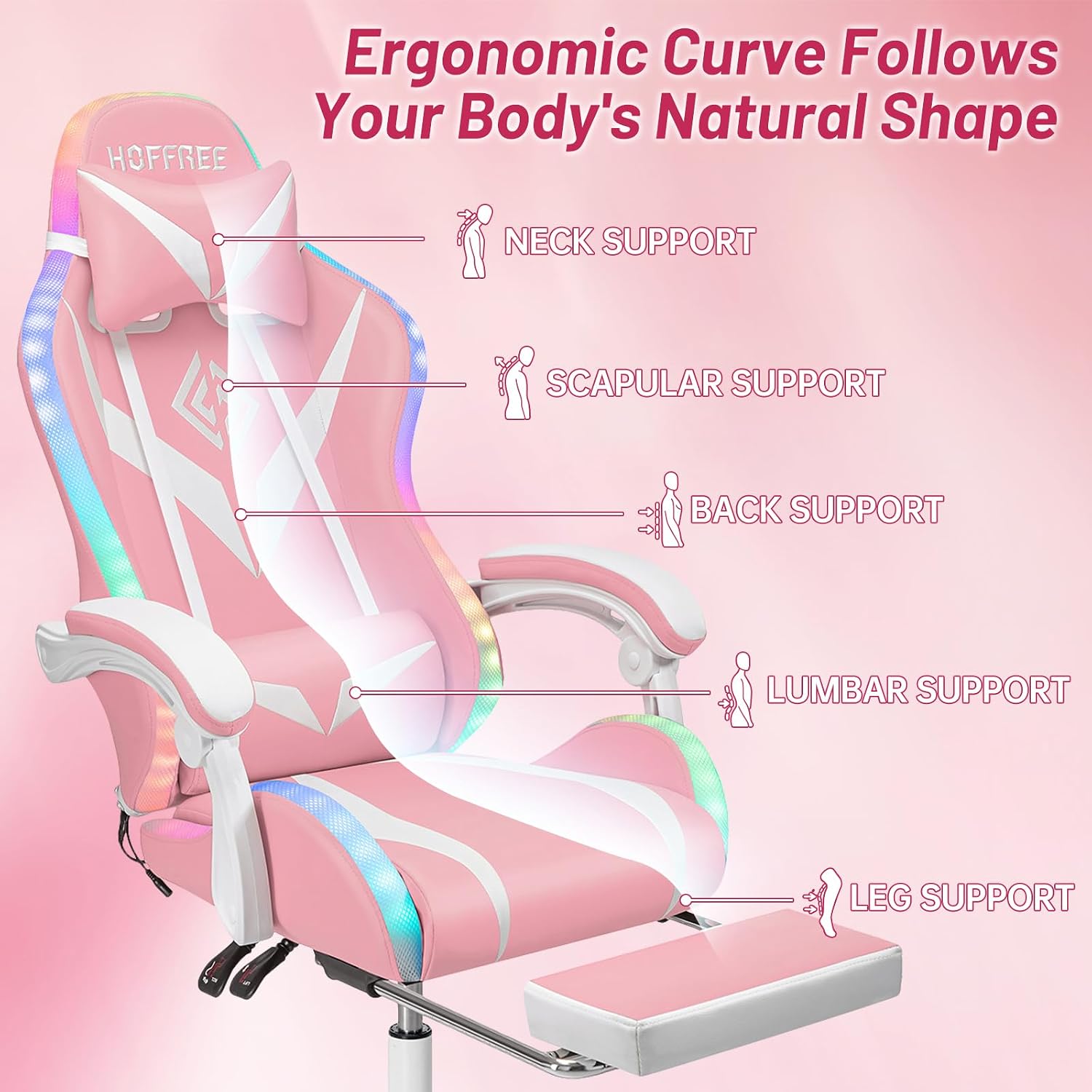 HOFFREE Pink Gaming Chair Massage with Bluetooth Speakers and Led Lights Ergonomic Computer Gaming Chair with Footrest RGB Video Game Chair with High Back Lumbar Support Pink and White