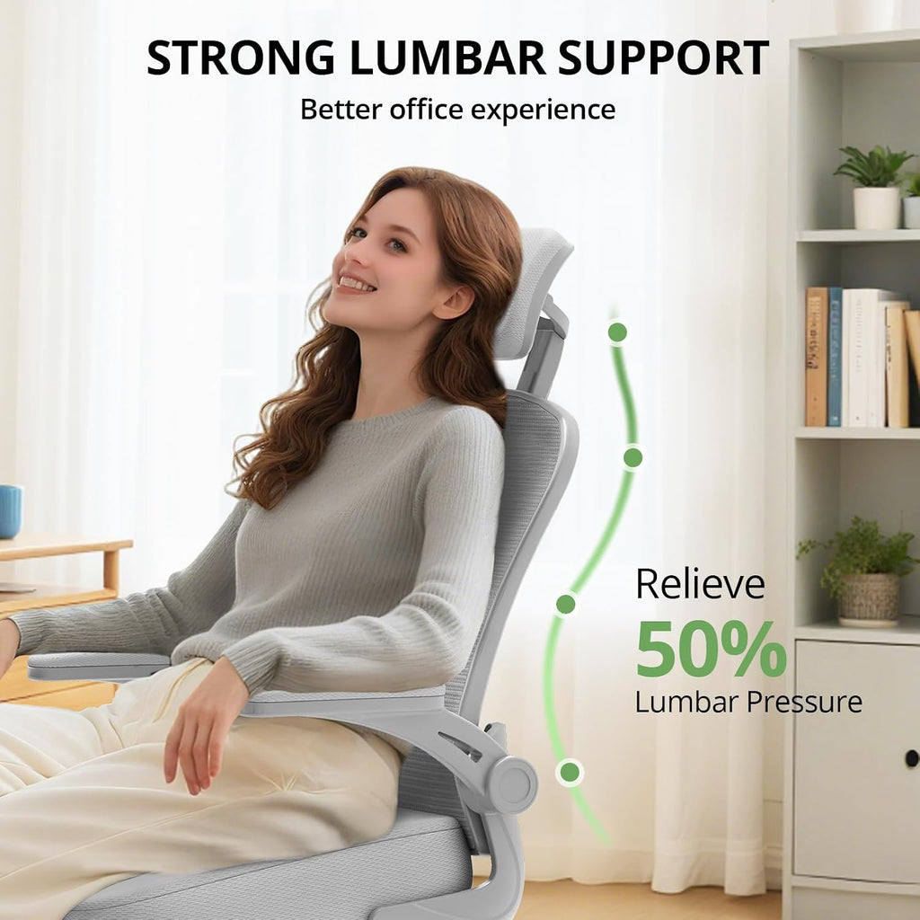 Synorla Office Chair Ergonomic Desk Chair, 330LBS Capacity, High Back Computer Design for Long Hours Comfort, Rolling Swivel Executive Task for Home Office with Flip-up Armrests（Grey）