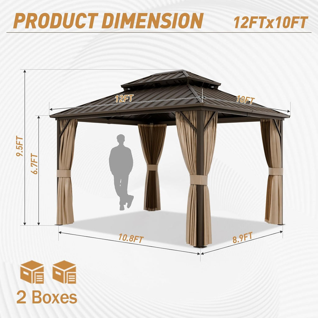 10x12 Hardtop Gazebo with Netting and Curtains, Galvanized Steel Double Roof Outdoor Pavilion with Aluminum Frame, Patio Gazebo for Deck, Garden, Lawn, Dark Brown/Tan