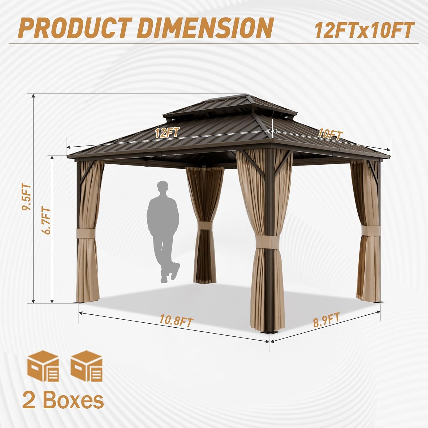 10x12 Hardtop Gazebo with Netting and Curtains, Galvanized Steel Double Roof Outdoor Pavilion with Aluminum Frame, Patio Gazebo for Deck, Garden, Lawn, Dark Brown/Tan