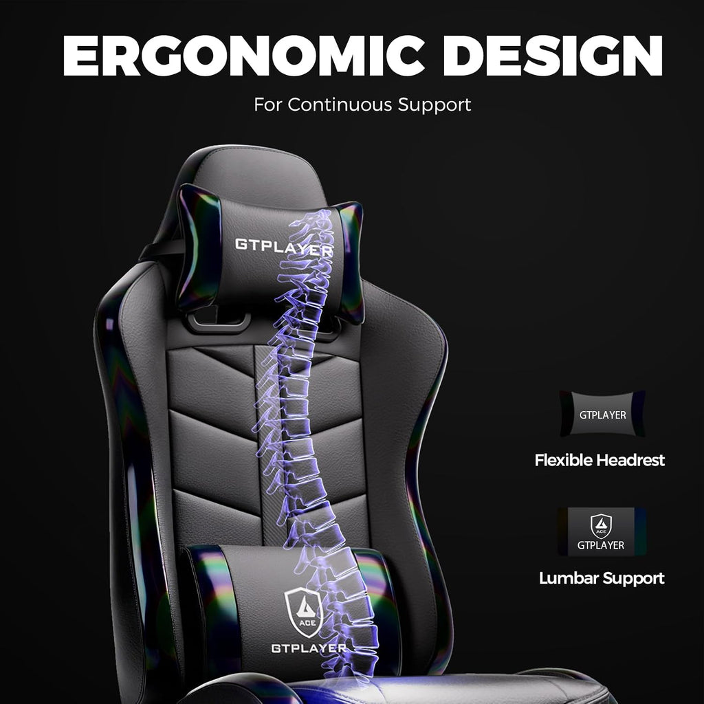 GTPLAYER Gaming Chair with Footrest, Computer Gaming Chair for Adults and Kids, Height Adjustable Gamer Chair with 90-155° Recline & Removable Headrest Lumbar Support,Colorful Black