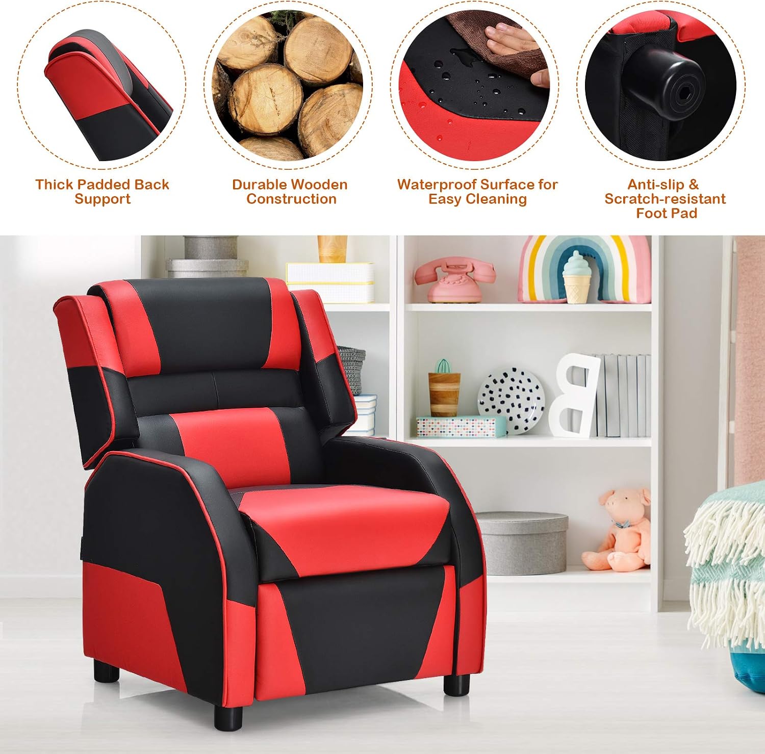 Giantex Kids Recliner, Gaming Recliner Chair with Footrest, Headrest & Lumbar Support, Ergonomic Leather Lounge Chair Toddler Furniture, Adjustable Racing Style Recliner Sofa for Boys Girls, Red