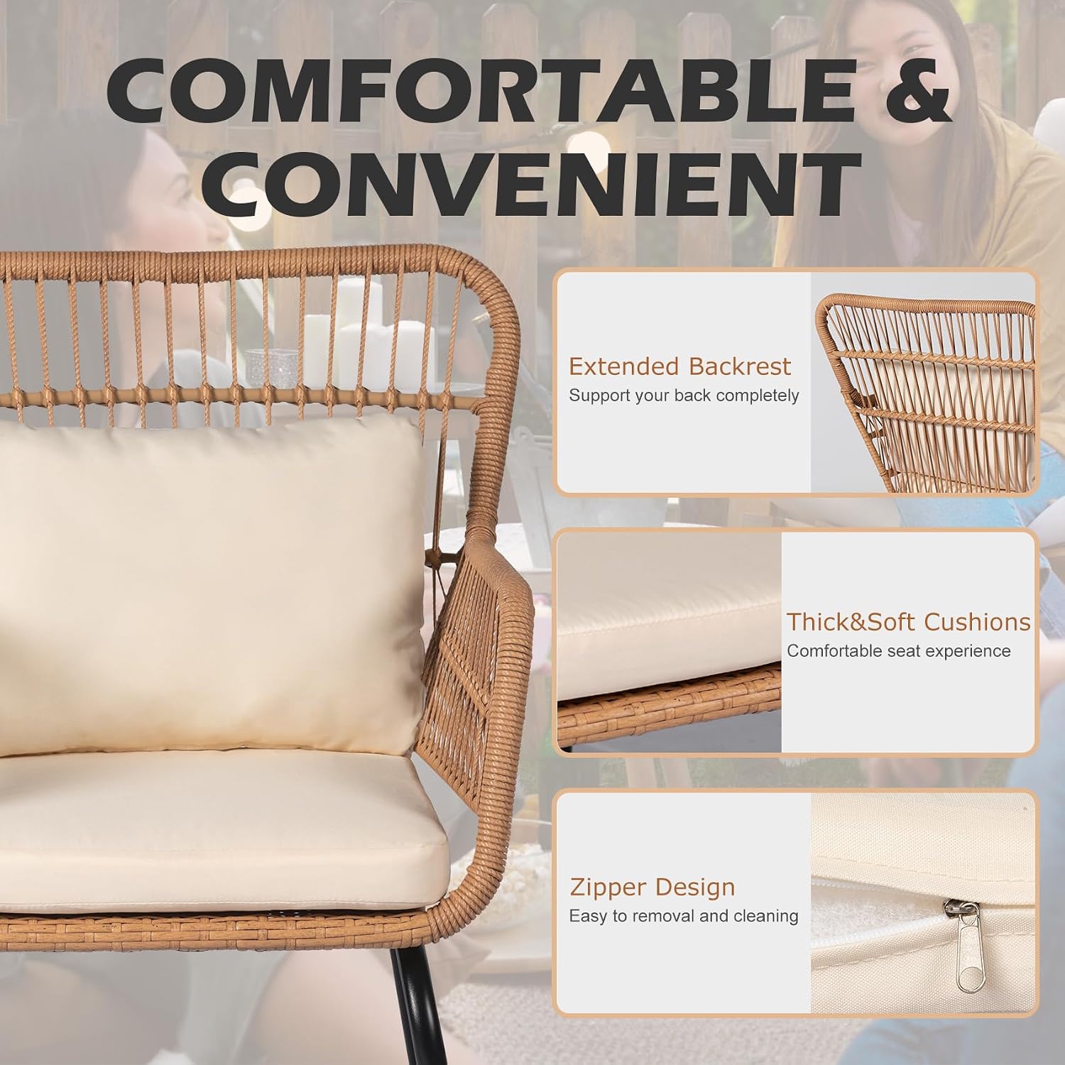3 Piece Outdoor Wicker Furniture Bistro Set, Rattan Chairs Conversation Sets with Solar Light, Wicker Patio Furniture for Balcony Poolside Backyard, Beige