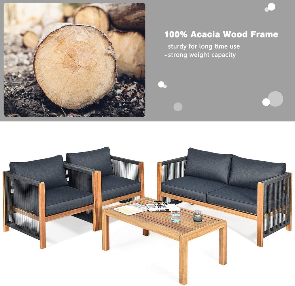 Tangkula Outdoor Wood Furniture Set, Acacia Frame Loveseat Sofa, 2 Single Chairs and Coffee Table, 4 Pieces Conversation Set with Cushions, Garden Balcony Poolside Living (1, Grey)