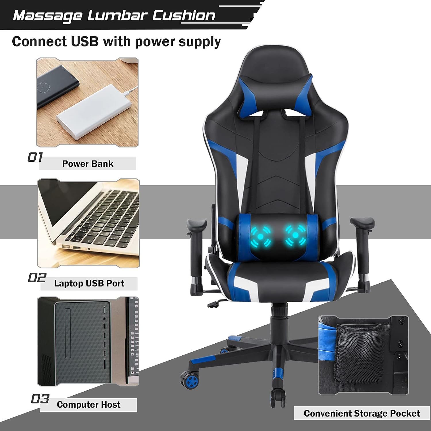 GYMAX Gaming Chair, Massage Gaming Chairs for Adults with Headrest, Lumbar Support & Armrest, Video Computer Reclining Gaming Chair, Office Desk Gamer Task Chair (Blue with Black X-Shape Desk)