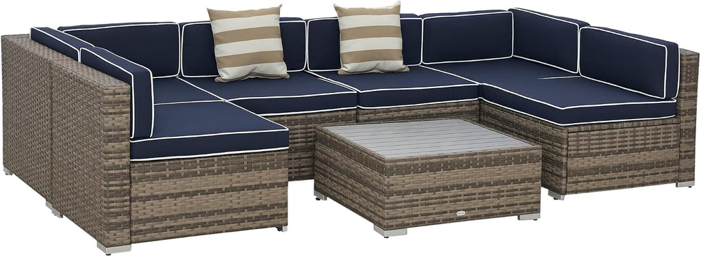 Outsunny 7 Piece Patio Furniture Set, Wicker Outdoor Sectional Sofa Set, All Weather PE Rattan Outdoor Furniture Conversation Sets with Cushions, Faux Wood Coffee Table, Striped Pillows, Blue