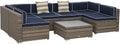 Outsunny 7 Piece Patio Furniture Set, Wicker Outdoor Sectional Sofa Set, All Weather PE Rattan Outdoor Furniture Conversation Sets with Cushions, Faux Wood Coffee Table, Striped Pillows, Blue