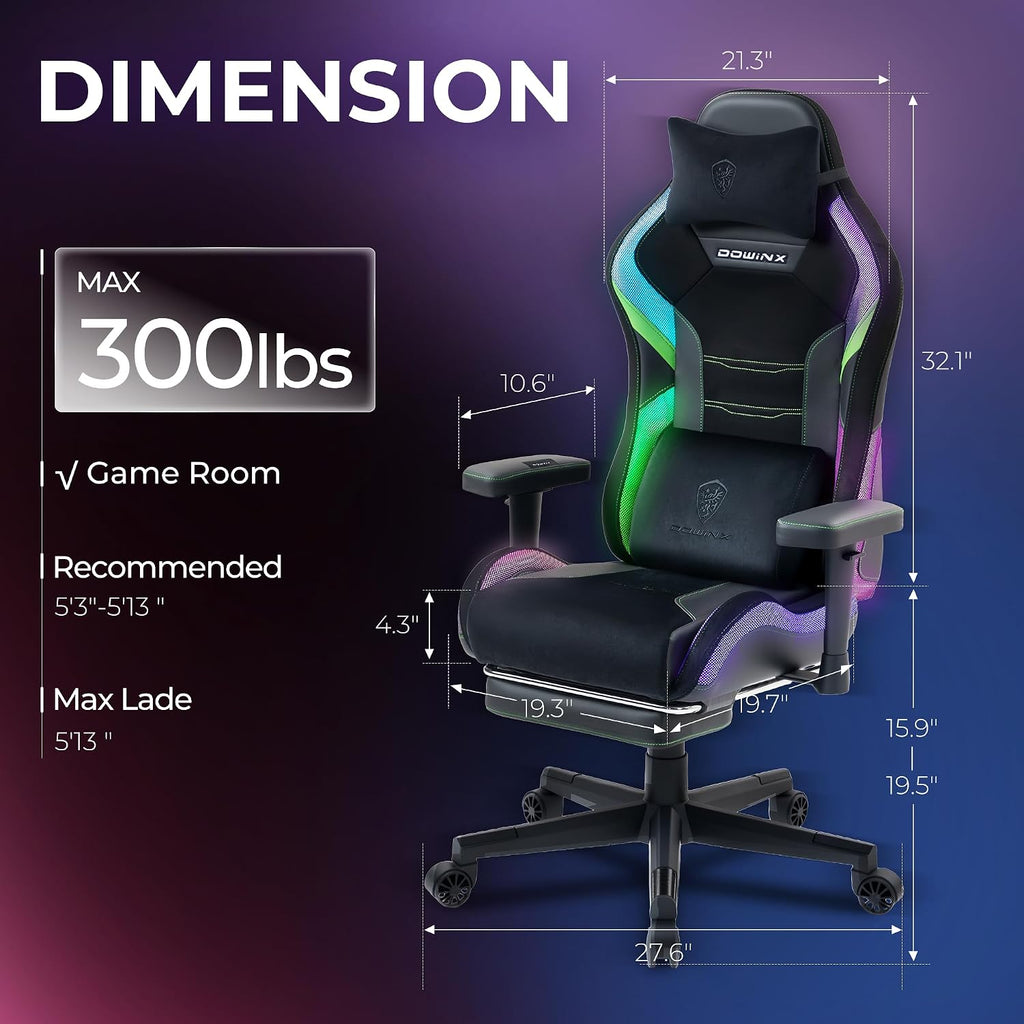 Dowinx Gaming Chair with RGB LED Lights, Ergonomic Game Chair with Footrest Massage Lumbar Support, Computer Gamer Chair for Adults Teens, Black Green