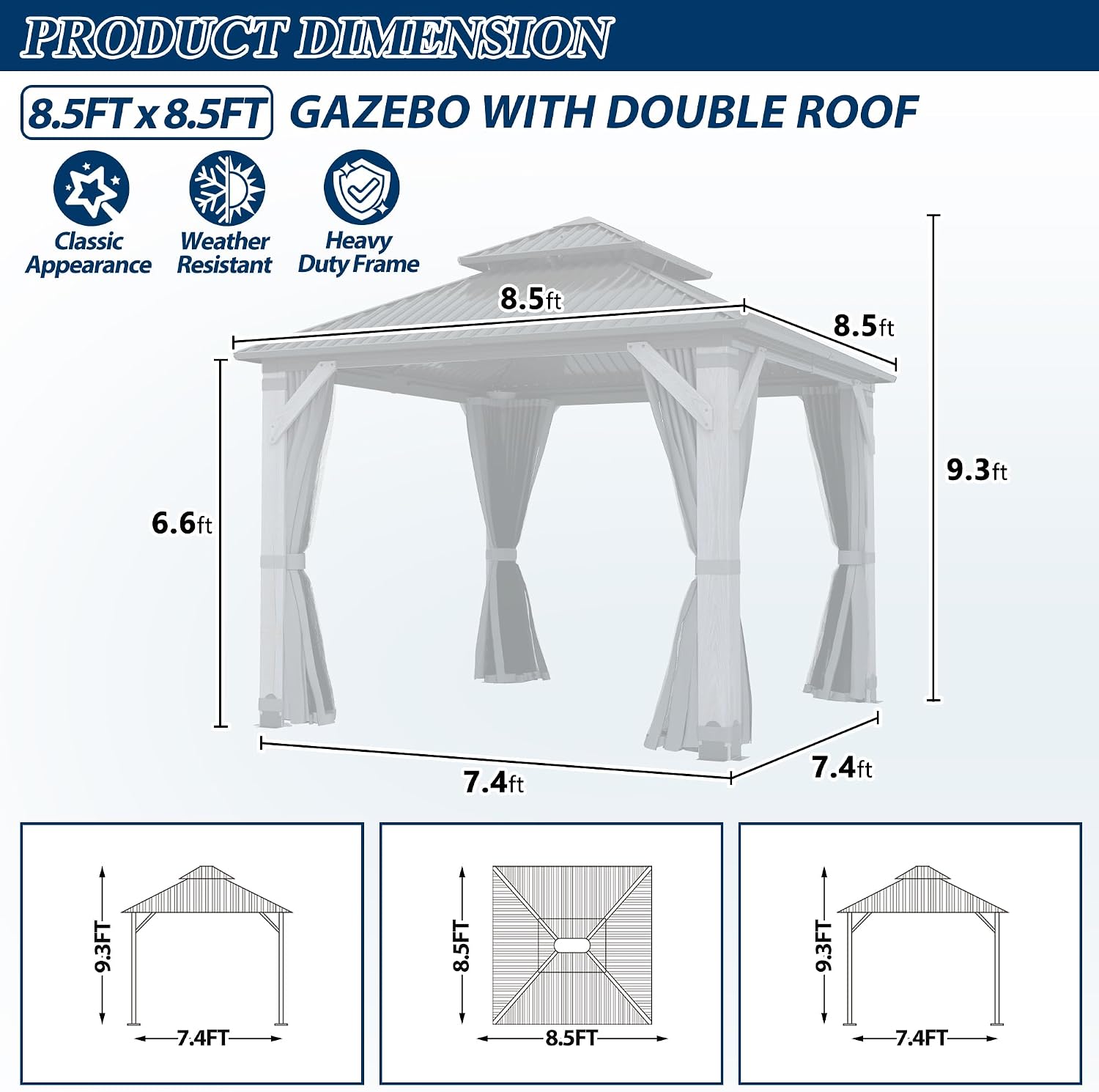 COVERONICS 8.5'x8.5' Outdoor Wood Gazebo - Hardtop Wooden Gazebo with Galvanized Steel Roof, Heavy-Duty Pavilion with Netting & Curtains for Garden, Poolside, Deck, Backyard