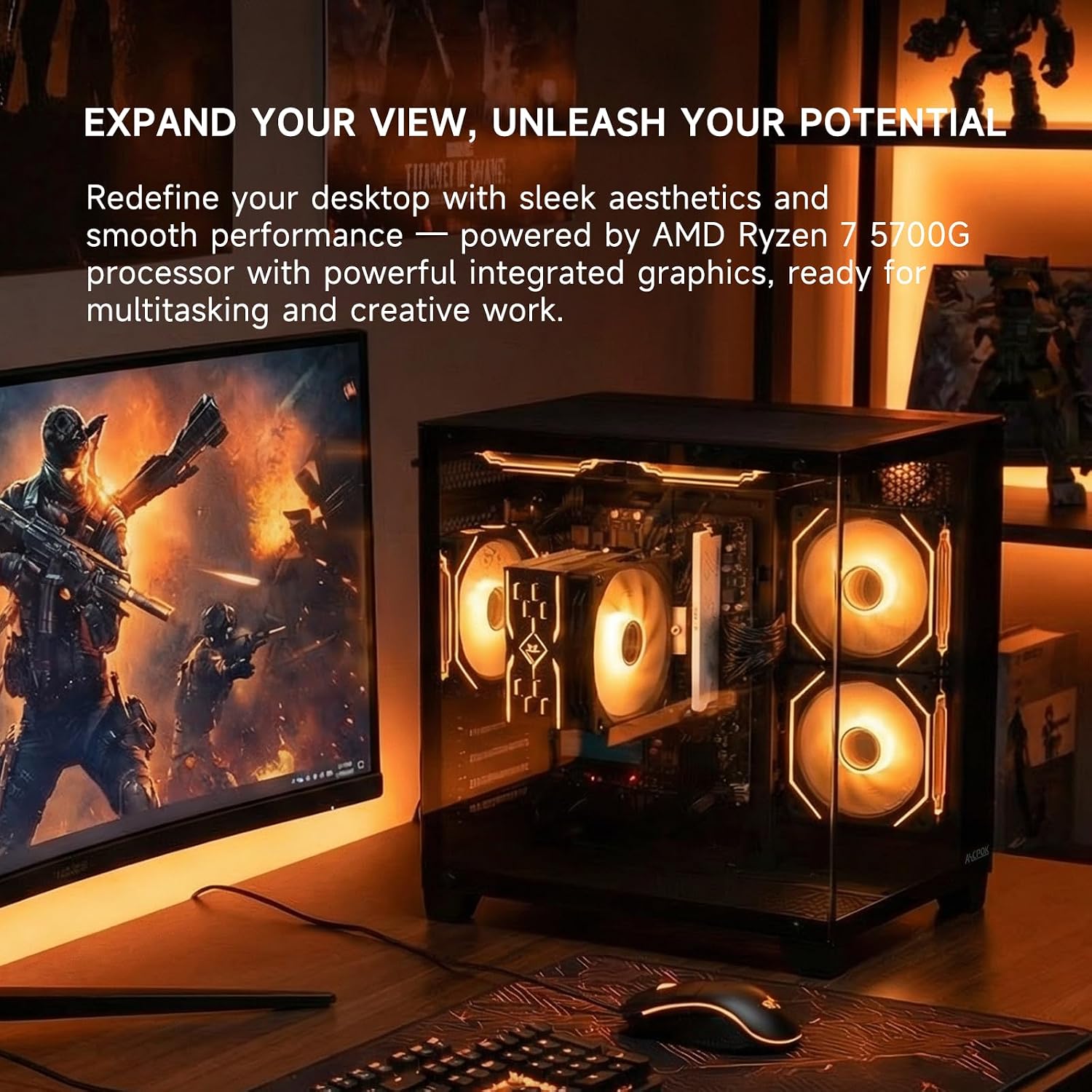 ALCPOK Gaming PC Desktop, AMD Ryzen 7 5700G 3.8GHz, 16GB DDR4 3200MHz RAM, 1TB NVMe SSD, 550W Bronze Power Supply, ARGB Fans,Tower Computer for Office,Photo Editing