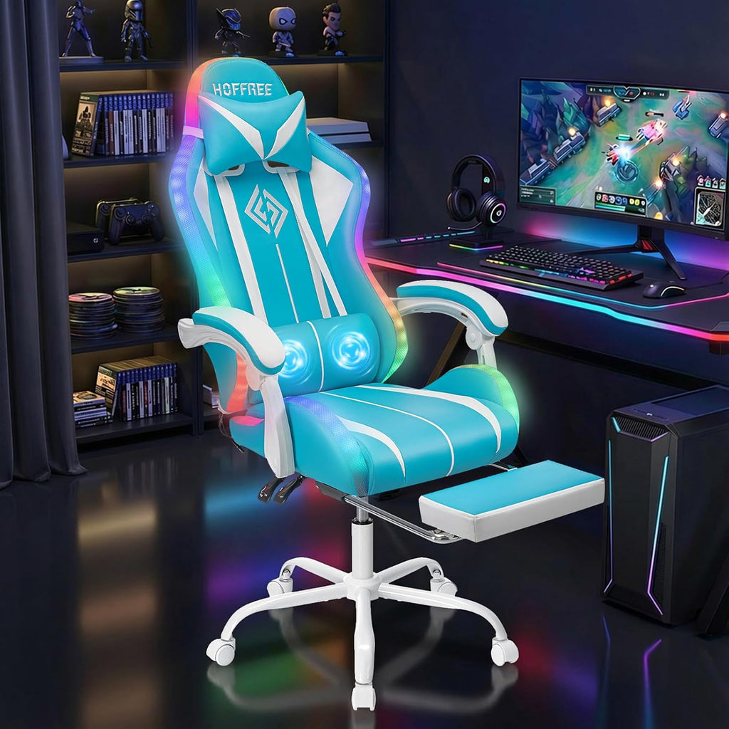 RGB Gaming Chair with LED Lights Massage Ergonomic Computer Gaming Chair High Back Video Game Chair with Footrest and Adjustable Lumbar Support Linkage Armrest Gamer Chairs for Adults Blue and White