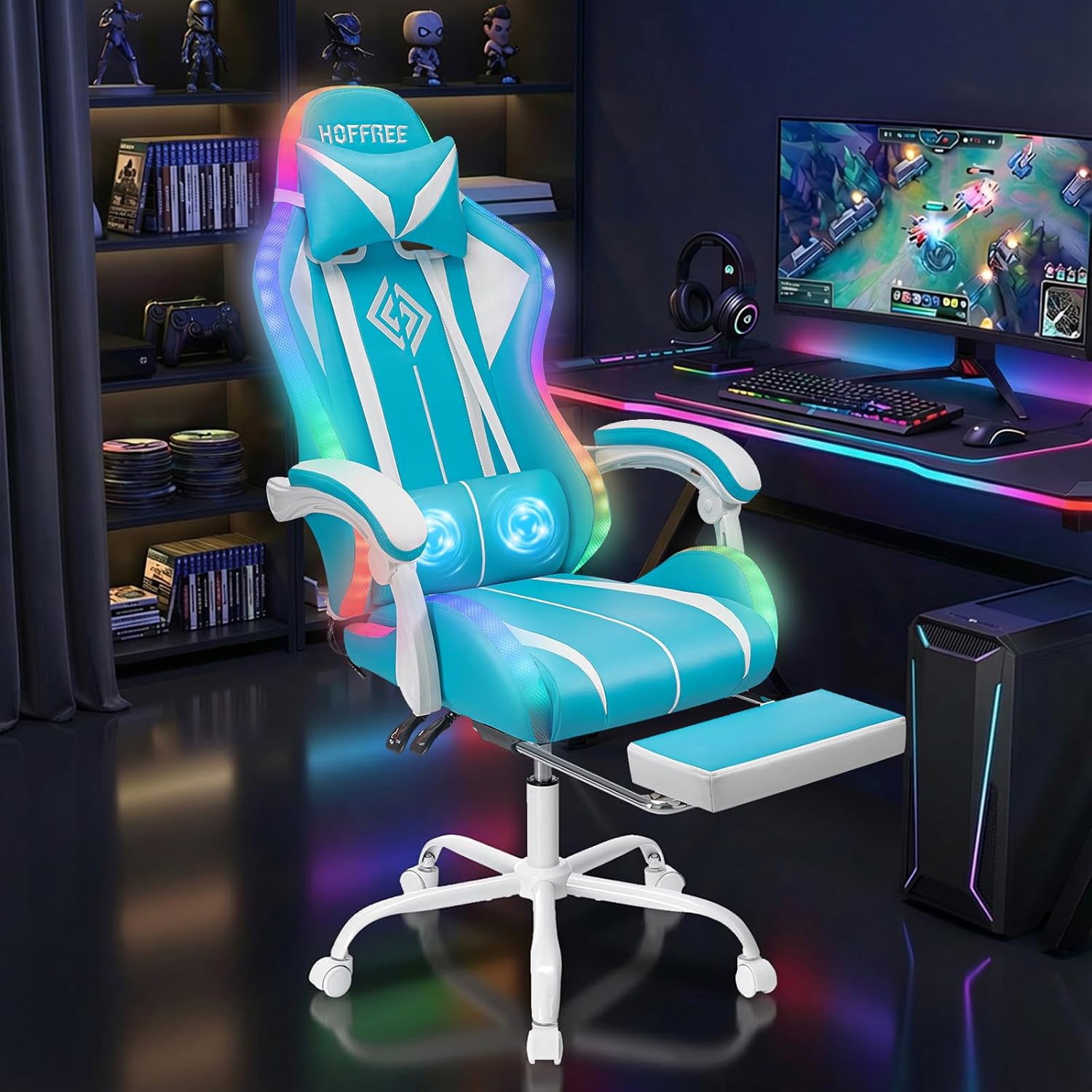RGB Gaming Chair with LED Lights Massage Ergonomic Computer Gaming Chair High Back Video Game Chair with Footrest and Adjustable Lumbar Support Linkage Armrest Gamer Chairs for Adults Blue and White