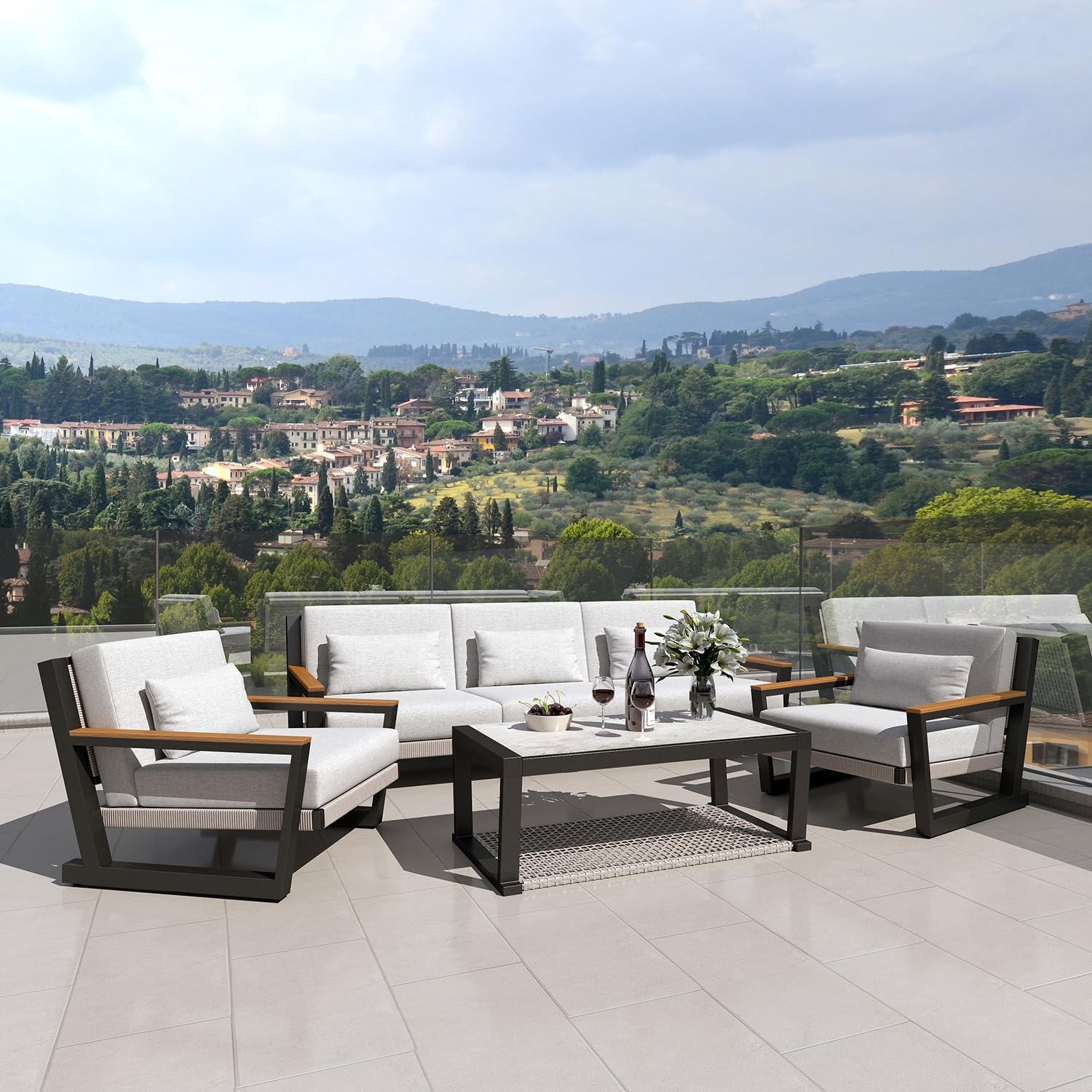 Aug-guan Aluminum Outdoor Patio Furniture Set 5 Seat, Patio Conversation Set with Durable Mesh Rope Weaving, Wide Armrests and Seats, Metal Sofa Set for Patio Grey