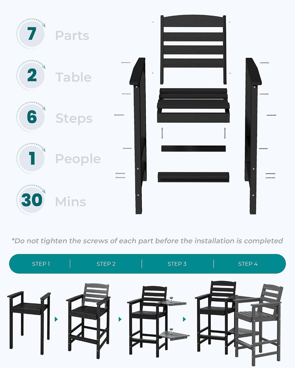 SERWALL Tall Adirondack Chairs Set of 2 with Connecting Table, All Weather Outdoor Barstools, Black