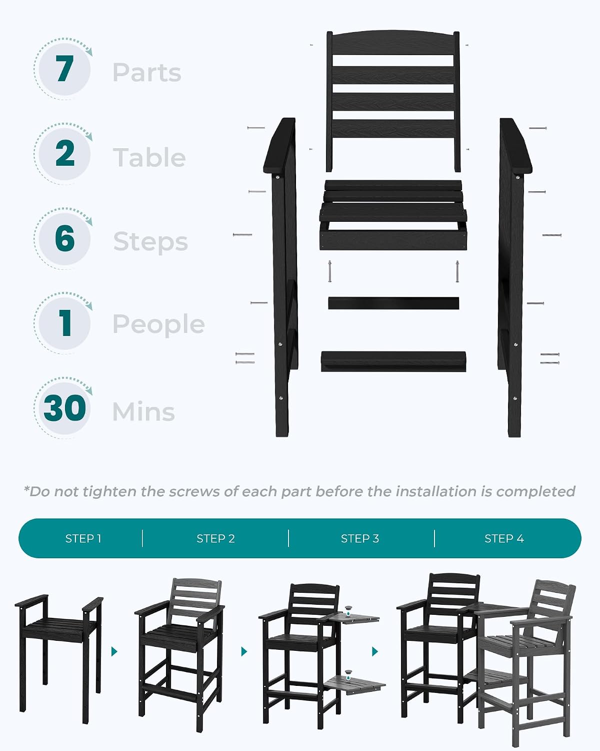 SERWALL Tall Adirondack Chairs Set of 2 with Connecting Table, All Weather Outdoor Barstools, Black