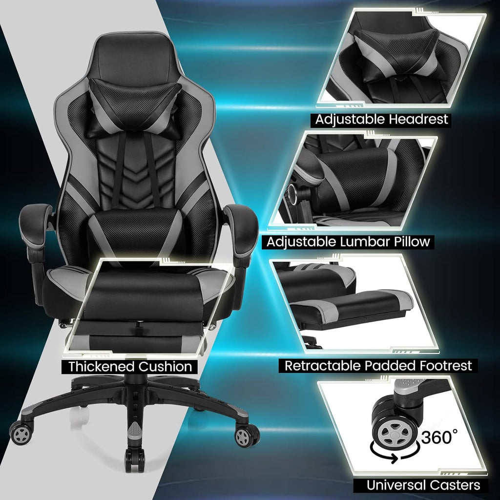 Goplus Gaming Chair, Computer Chair with Footrest and Lumbar Support, Height Adjustable Executive Swivel Rolling Task Chair with 90°-155° Tilt Function (Grey)