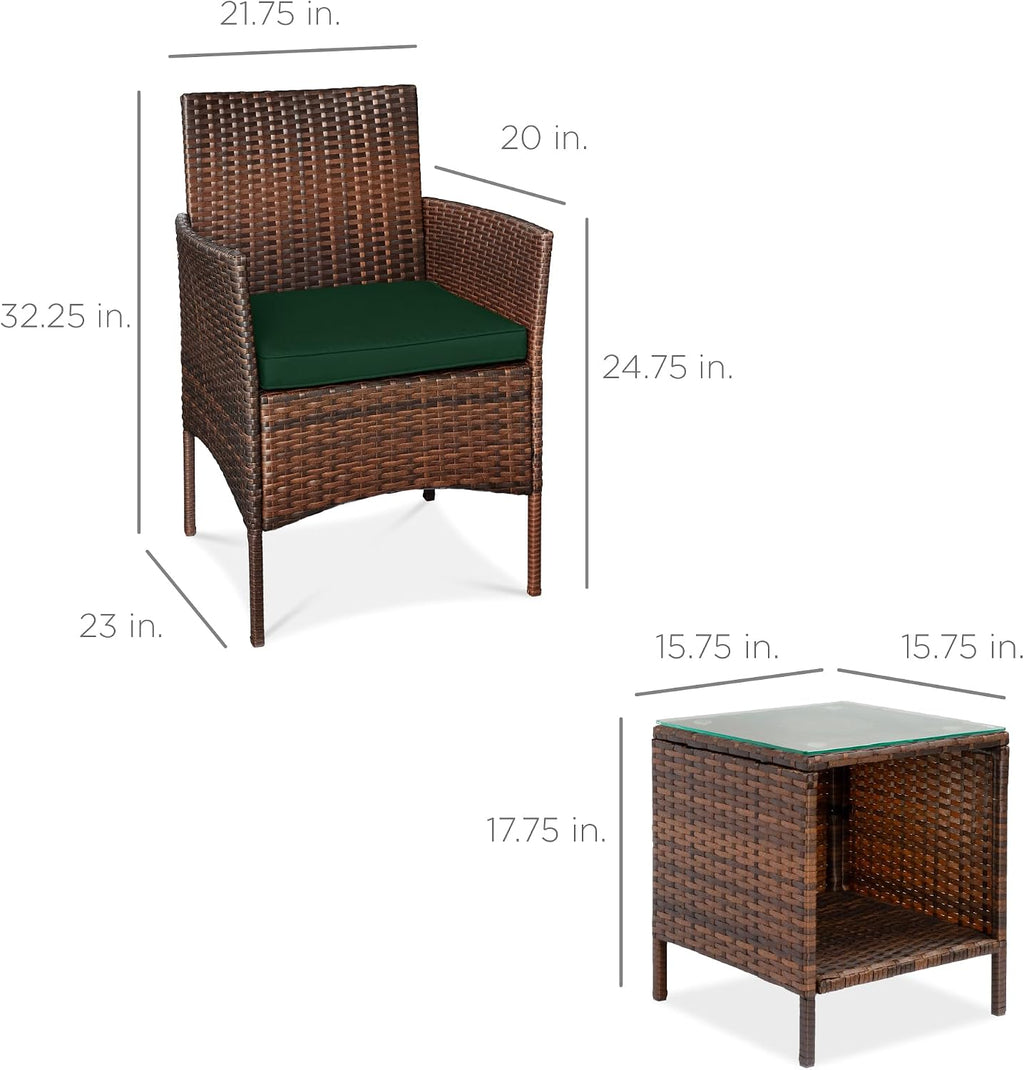 Best Choice Products 3-Piece Outdoor Wicker Conversation Bistro Set, Space Saving Patio Furniture for Garden w/Side Table - Brown/Midnight Green