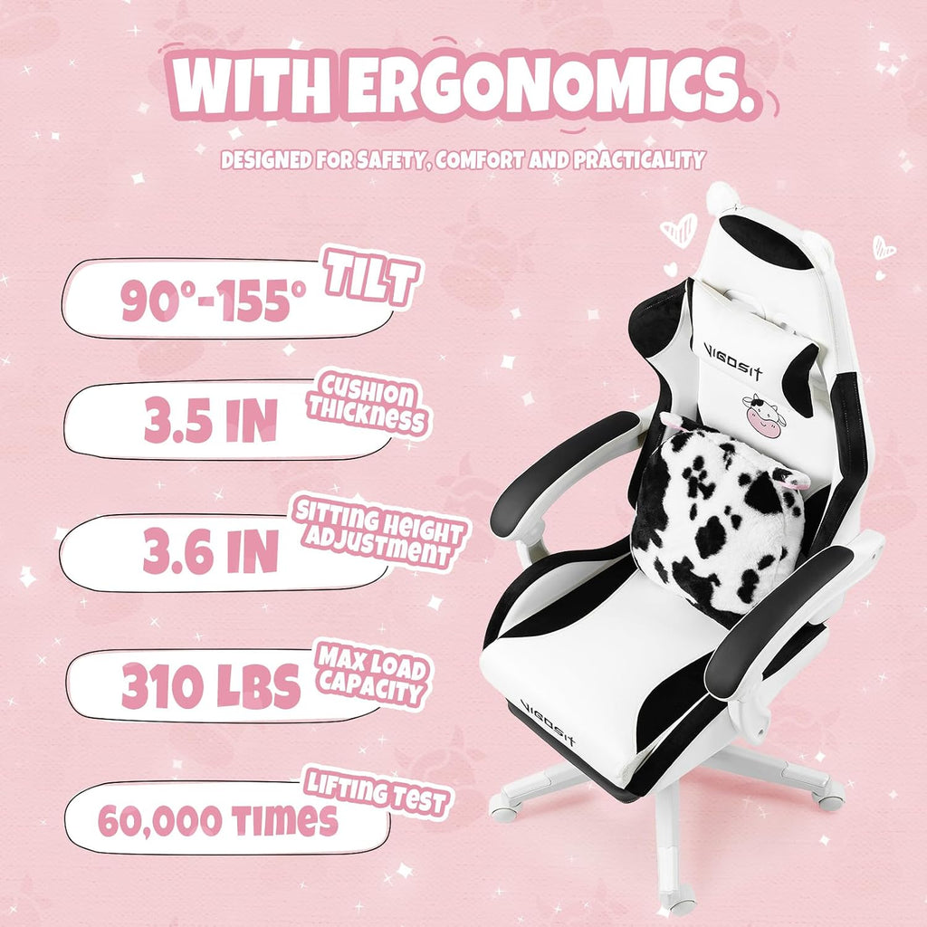 Vigosit Cute Cat Gaming Chair with Paw Lumbar Cushion, PC Video Gamer Chair for Girl Teen Woman (Black White)
