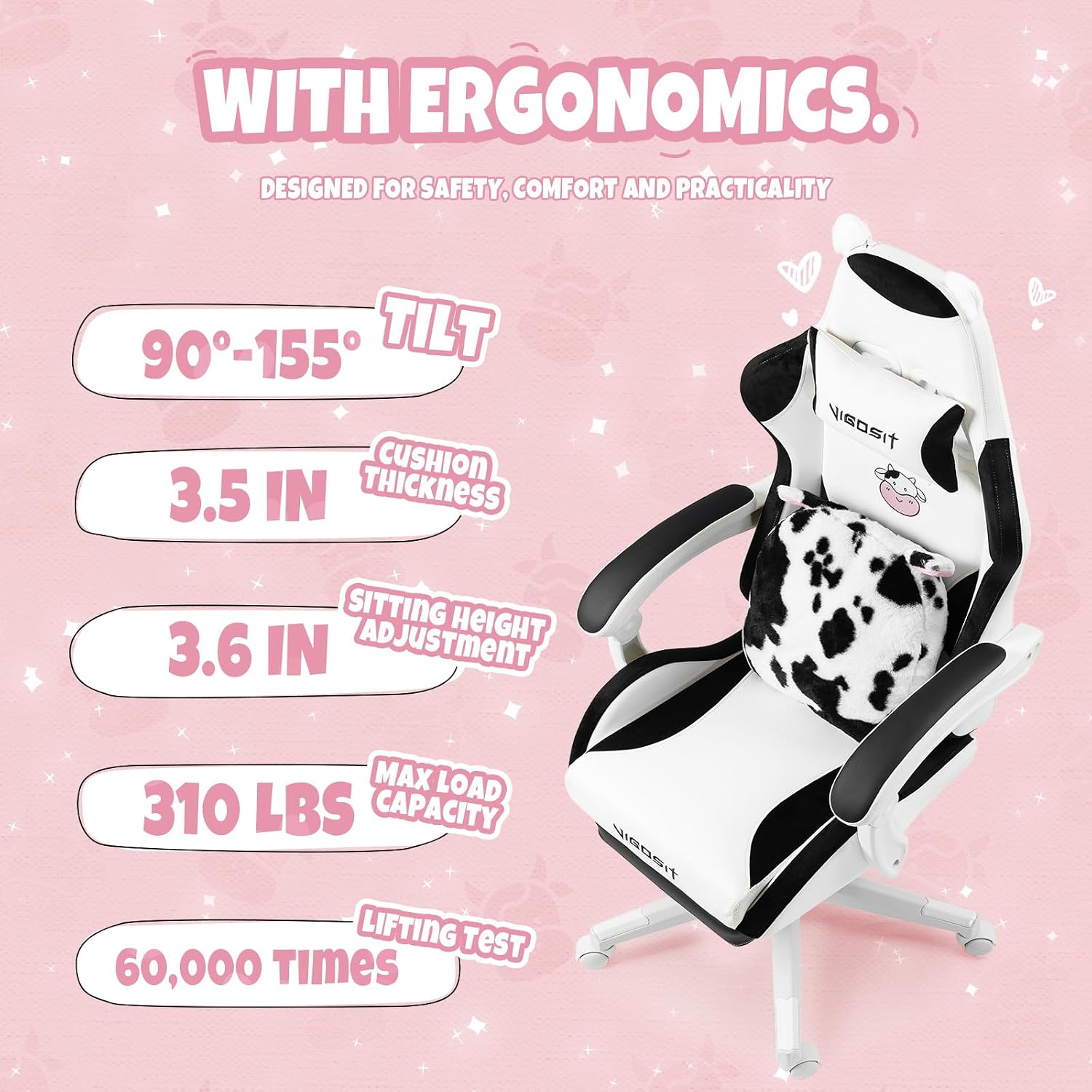 Vigosit Cute Cat Gaming Chair with Paw Lumbar Cushion, PC Video Gamer Chair for Girl Teen Woman (Black White)