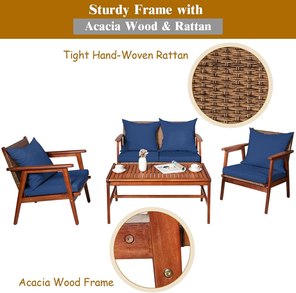 Tangkula 4 PCS Patio Wood Sofa Set, Outdoor Acacia Wood Seating Chat Set with Cushions & Coffee Table, Sectional Conversation Sofa Set for Garden, Backyard, Poolside (1, Blue)