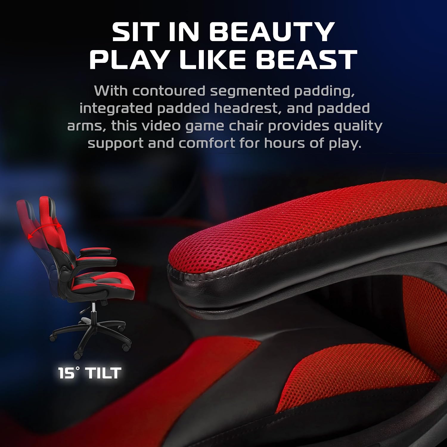 RESPAWN 3085 Ergonomic Gaming Chair for Adults, High Back Office Chair with Headrest and Flip Up Arms, Leather Racing Style Gaming Seat with Lumbar Support, Video Game Computer Desk Seat - Red