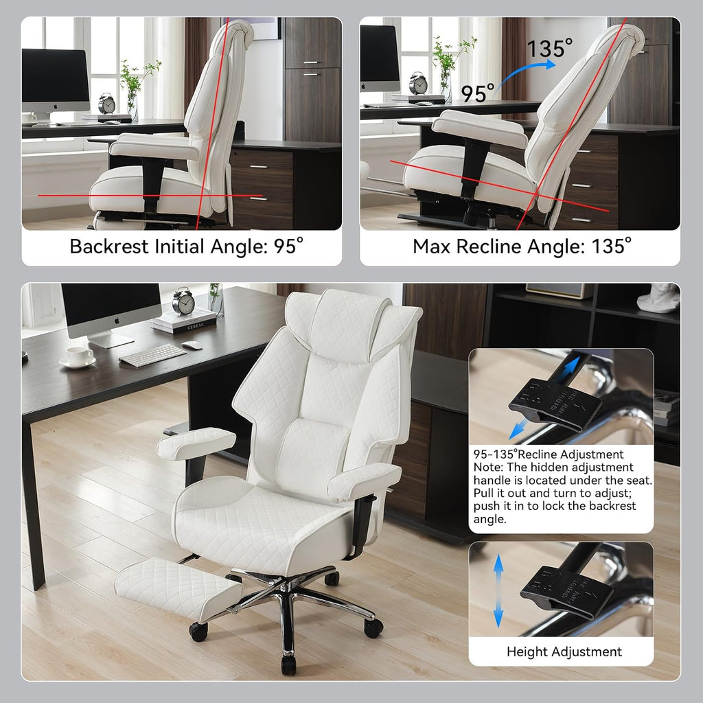 EXCEBET Big and Tall Office Chair with Footrest, PU Leather High Back Executive Office Chair 400lbs, Ergonomic Computer Chairs Lumbar Support for Heavy People (White)