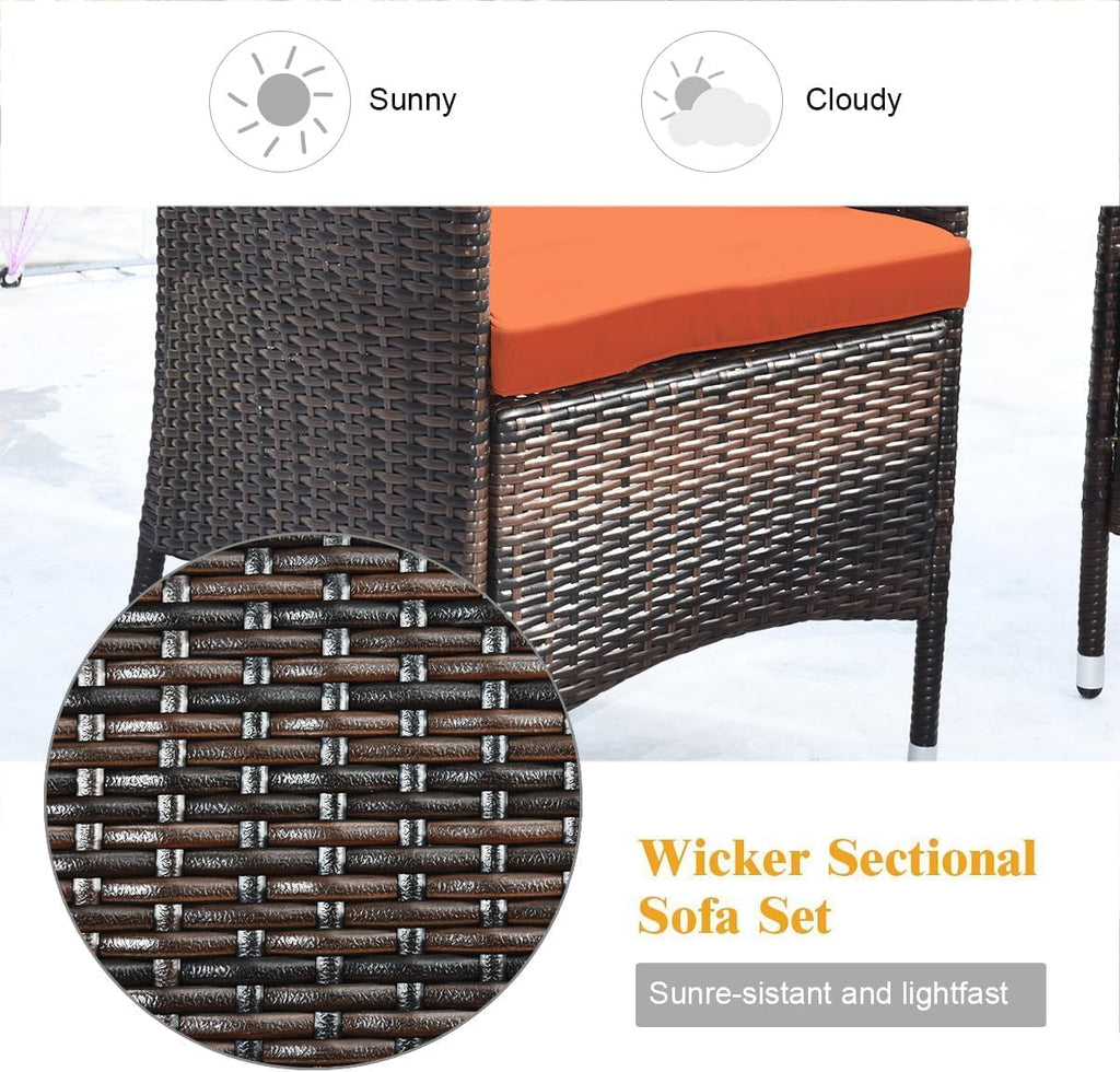 HOMGX 4 Piece Rattan Patio Furniture Set, Sectional Sofa Chair, Wicker Set with Tempered Glass Coffee Table & Thick Cushions, Wicker Patio Set for Garden, Lawn, Poolside, Backyard (Orange)