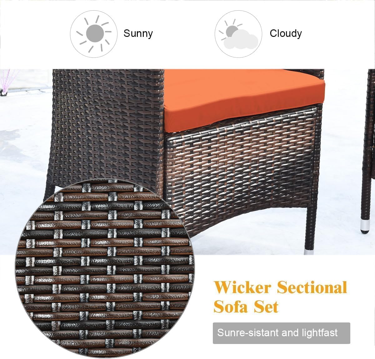 HOMGX 4 Piece Rattan Patio Furniture Set, Sectional Sofa Chair, Wicker Set with Tempered Glass Coffee Table & Thick Cushions, Wicker Patio Set for Garden, Lawn, Poolside, Backyard (Orange)